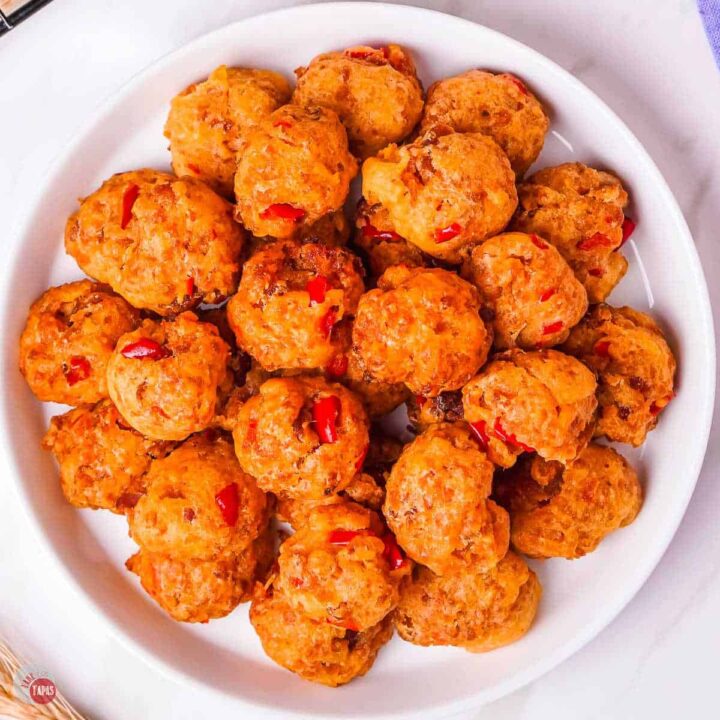 one of my favorite recipes, pimento cheese sausage balls on a plate