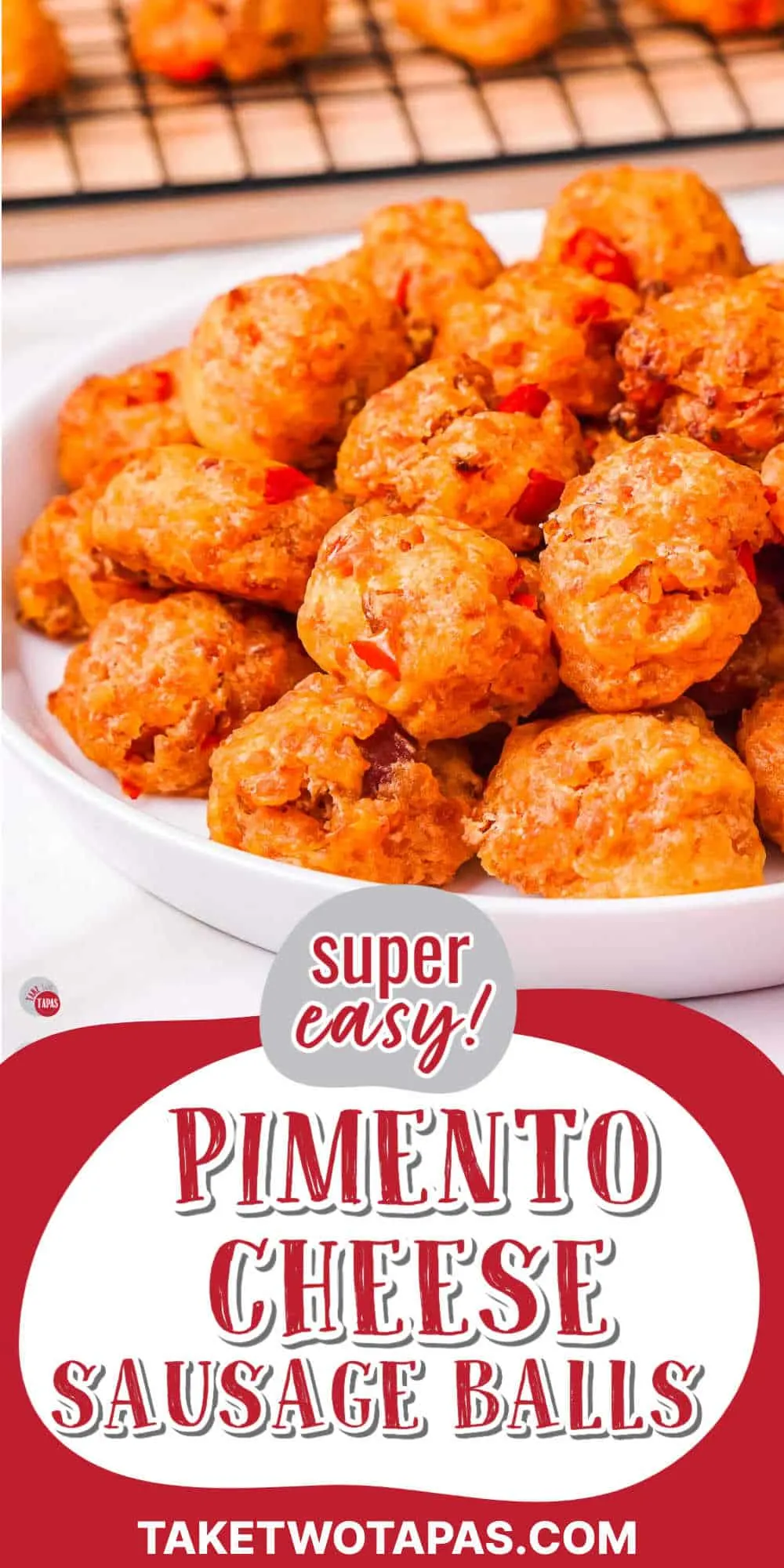 sausage ball recipe with pimiento cheese and a red banner with text