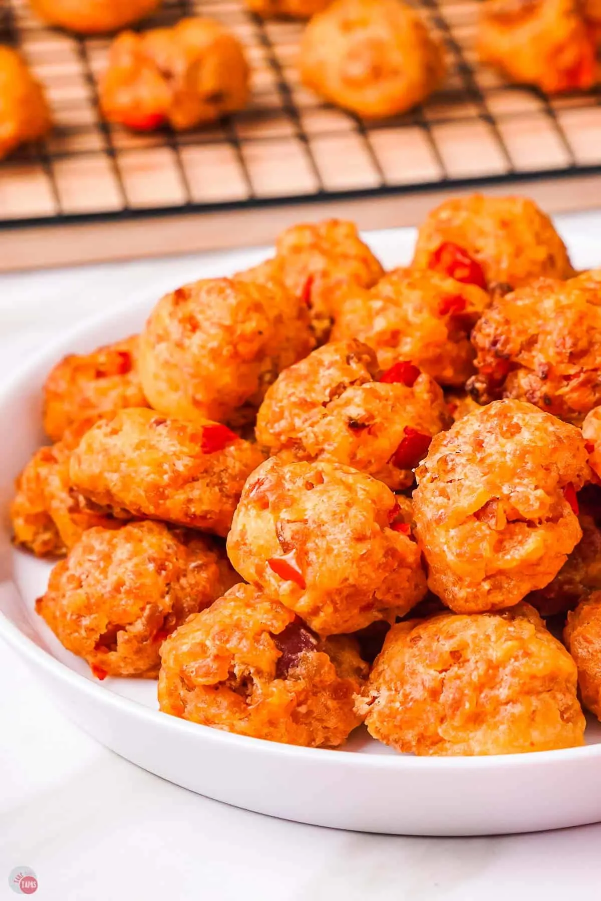 pimento red pepper with breakfast sausage in balls on a plate