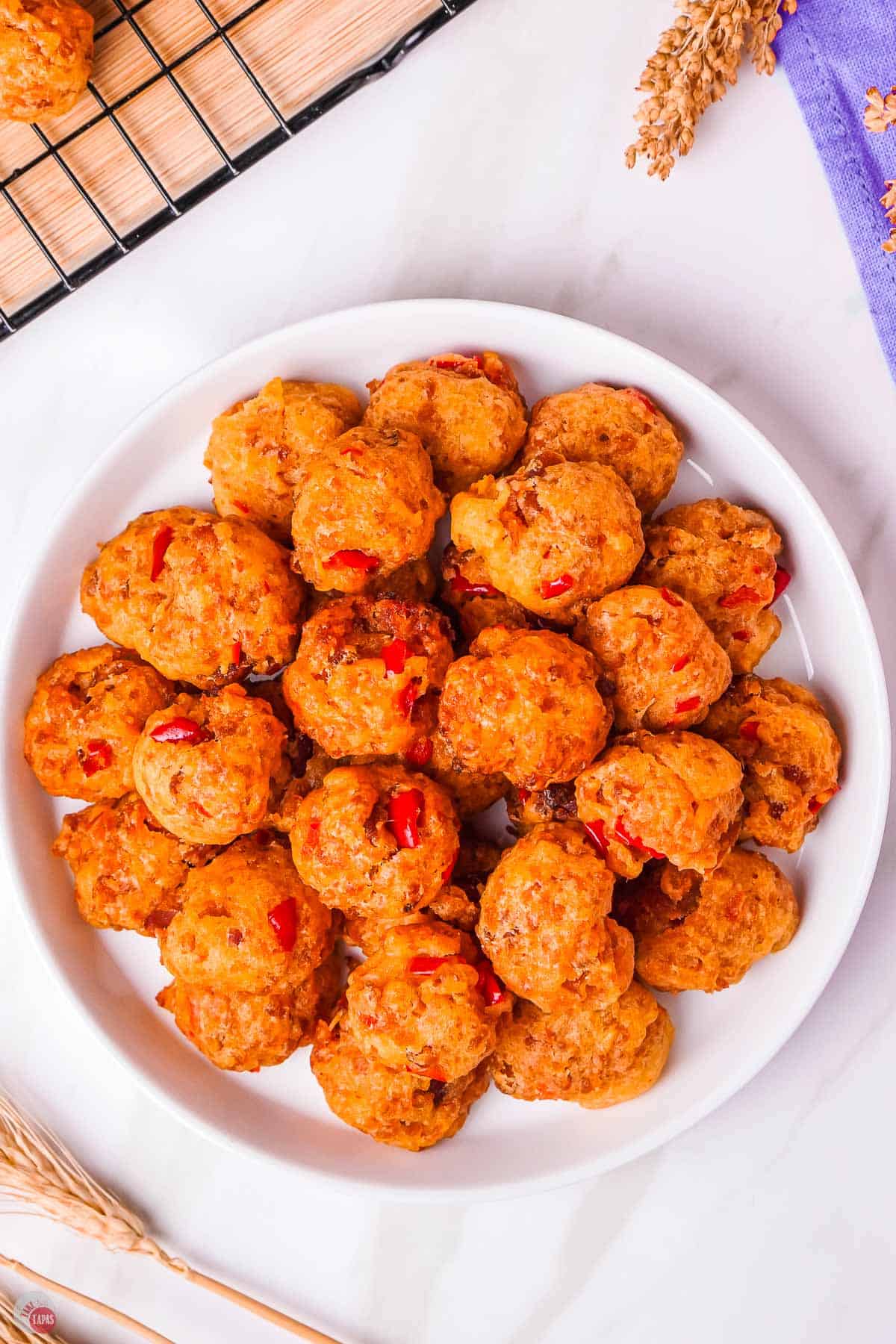 overhead picture of sausage balls on a plate