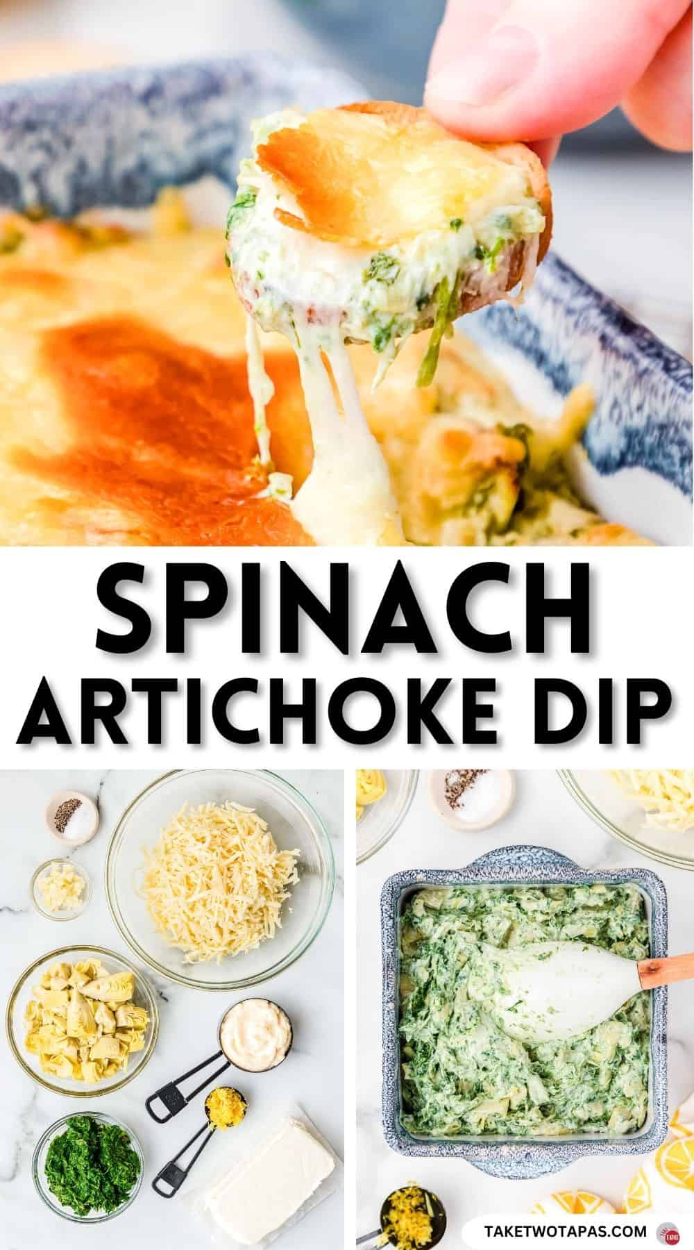 Pinterest pin image for spinach artichoke dip