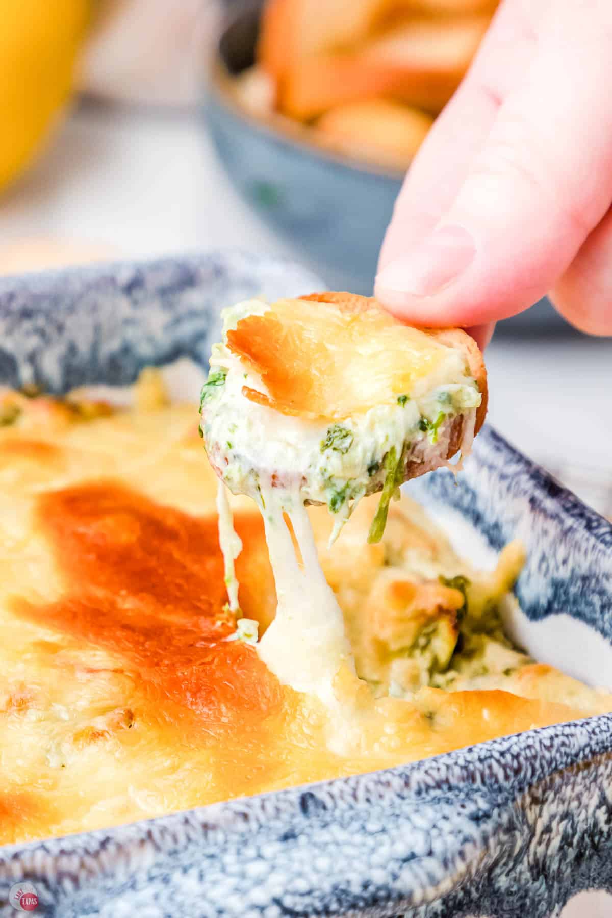 hot spinach dip with a crostini pulling some out