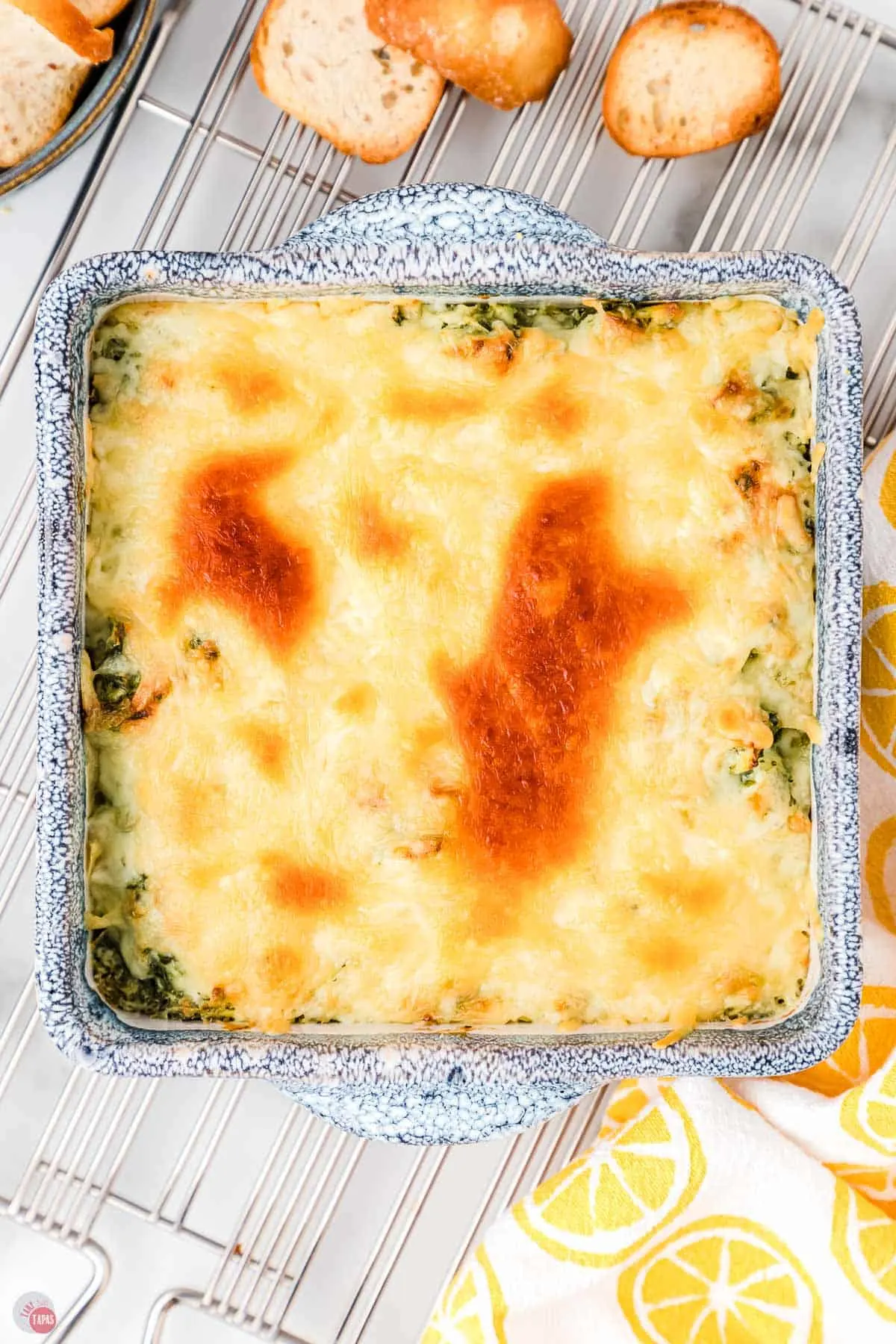 baked dip in a blue ceramic dish