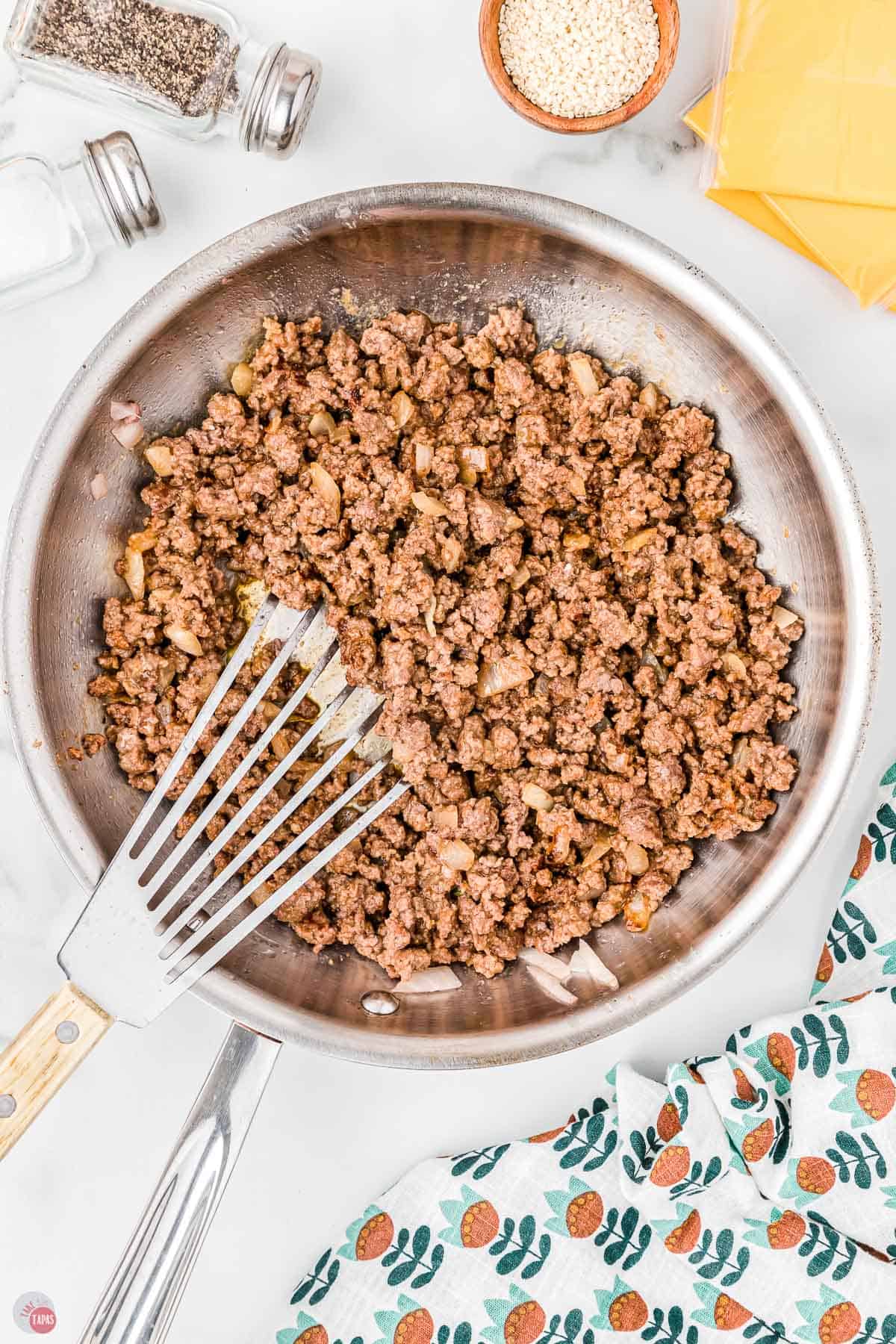 skillet of big mac burritos