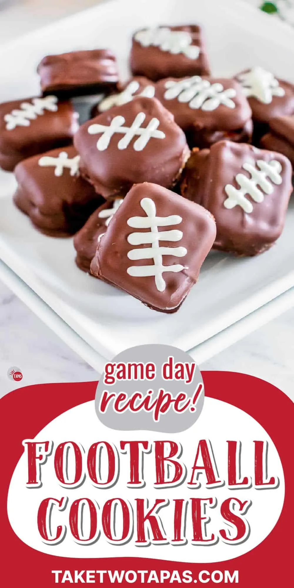 large picture of football cookies on a white plate with red text