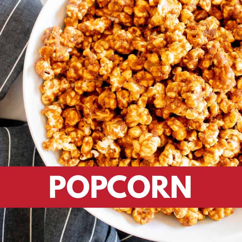 caramel popcorn in a bowl with red banner and text 