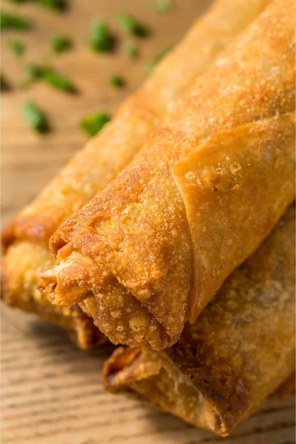 close up of stack of egg rolls
