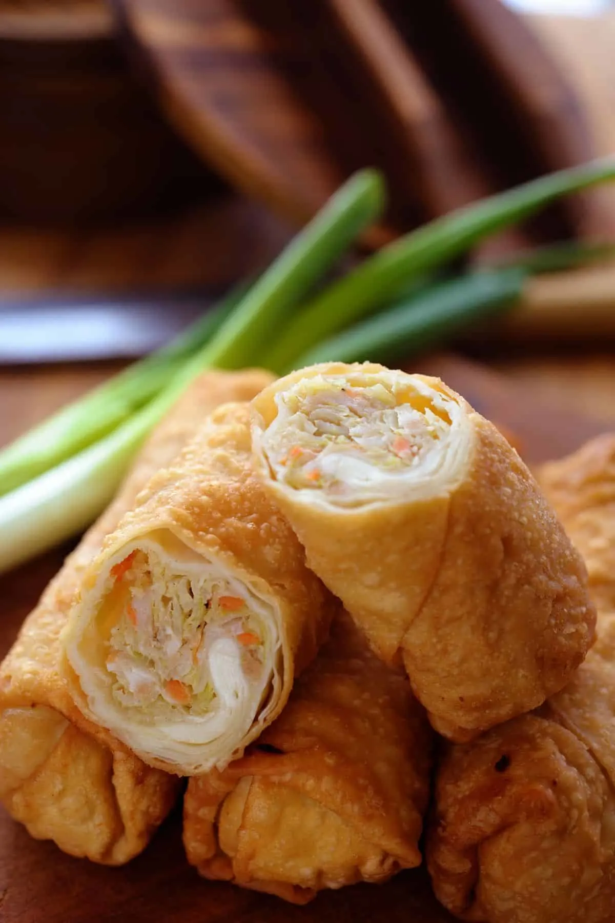 stack of cut egg rolls