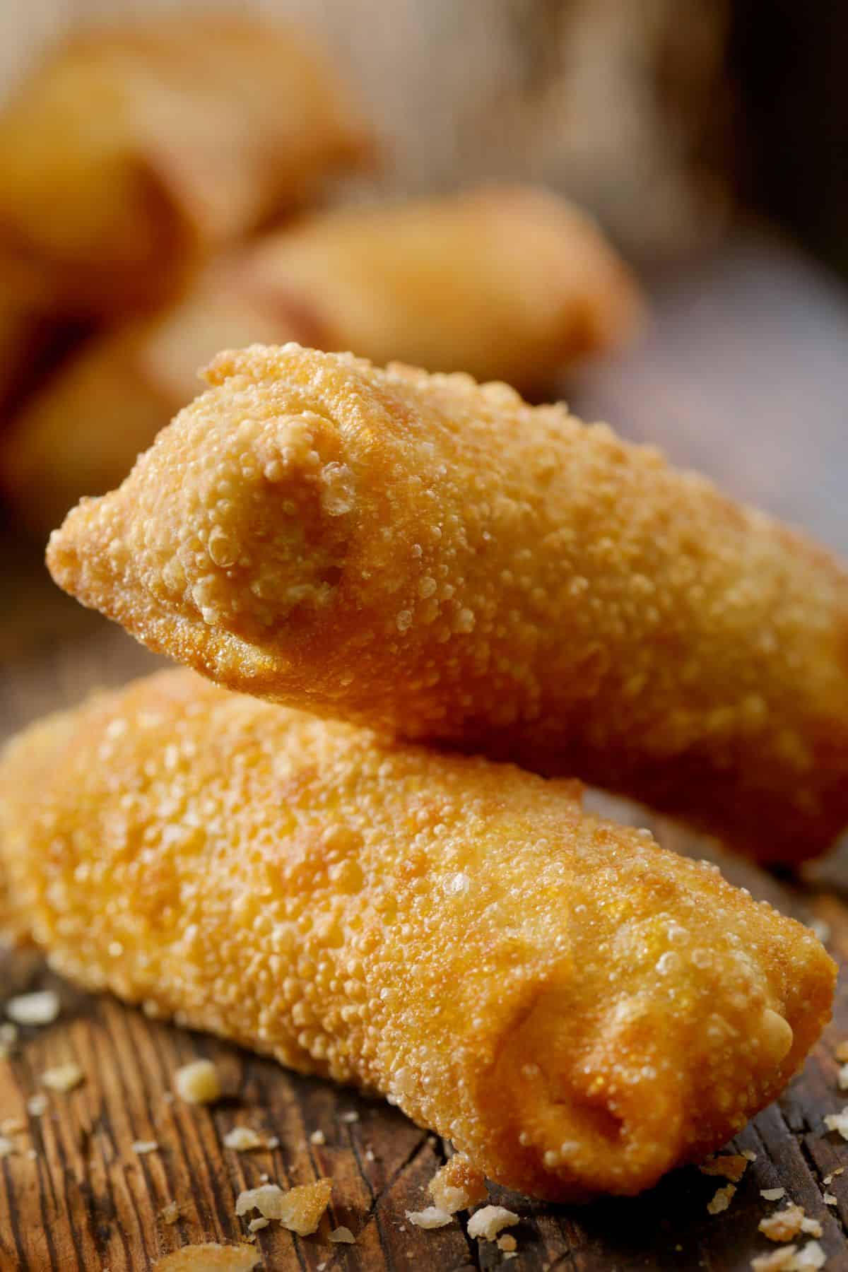 close up of two egg rolls
