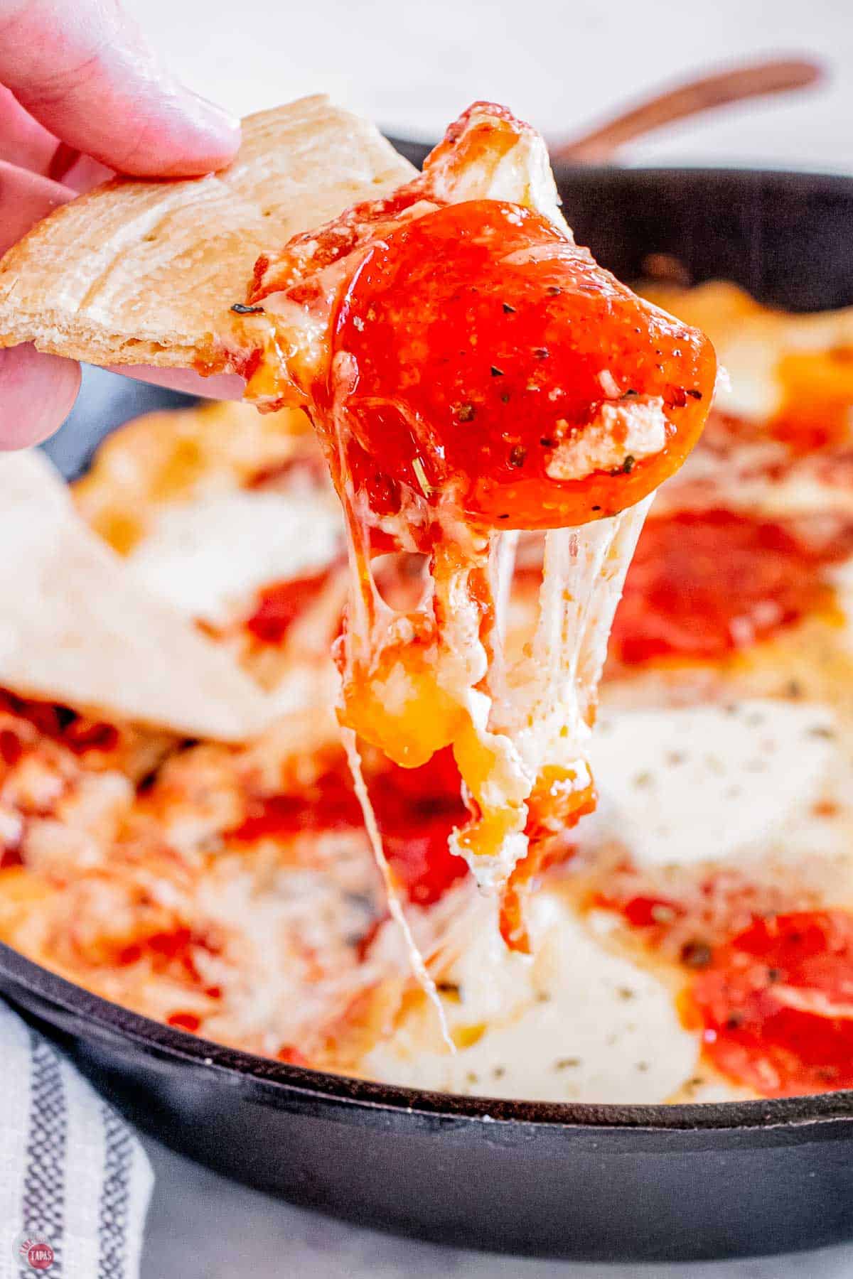 pepperoni dip with stretchy cheese