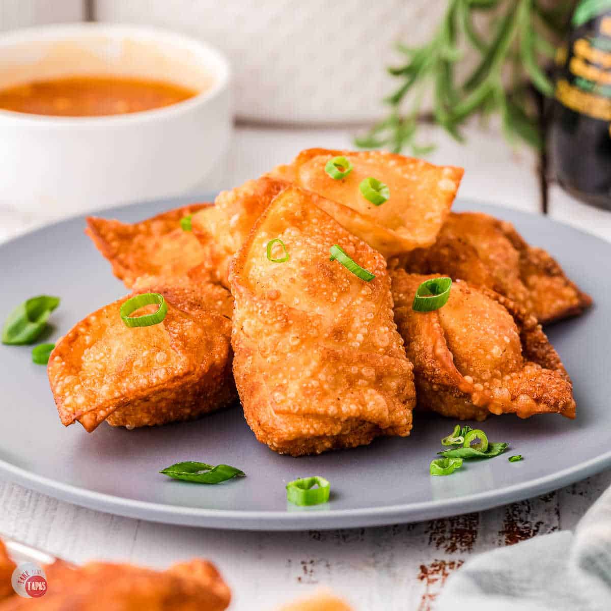 shrimp rangoon on a blue plate