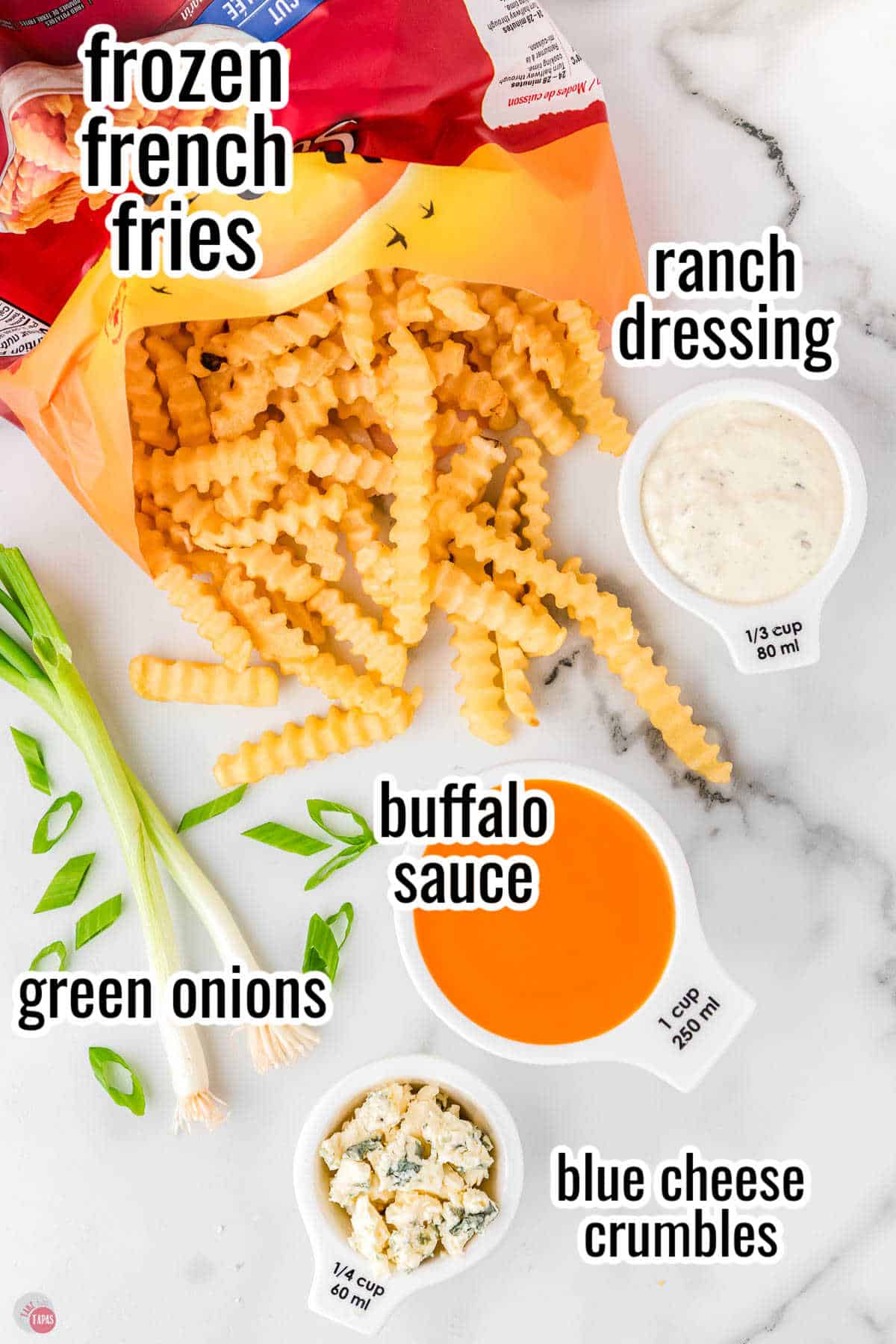 ingredients for buffalo fries with text overlay labeling them