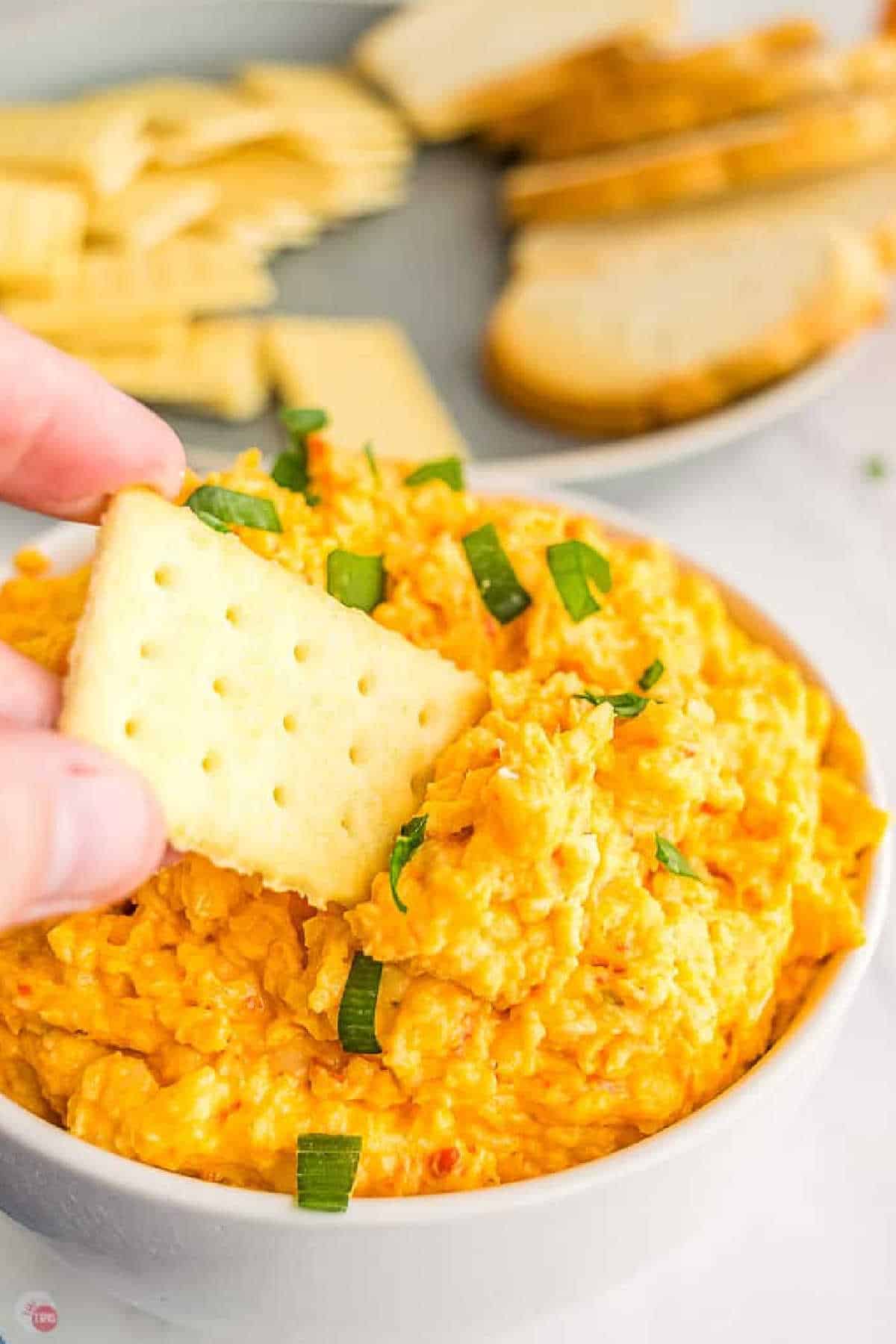 pimento cheese with a cracker