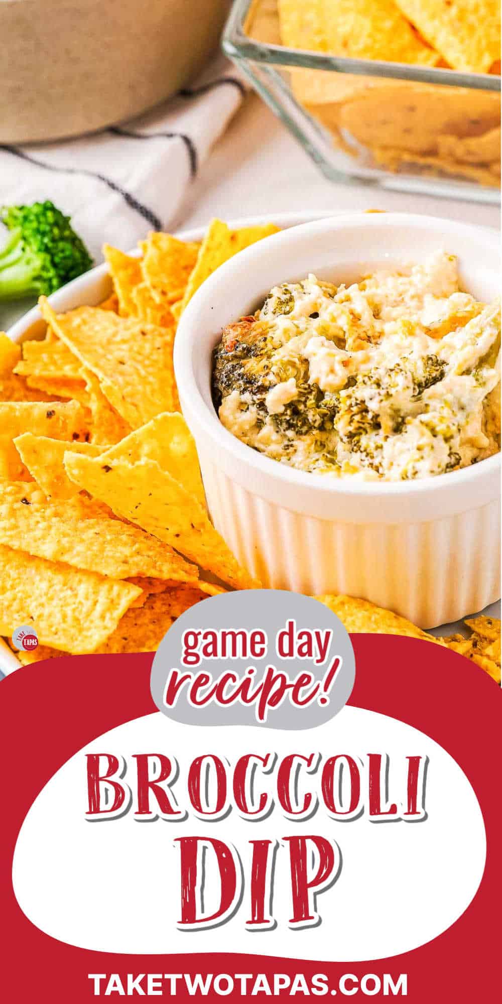cheesy broccoli dip with red banner and white text
