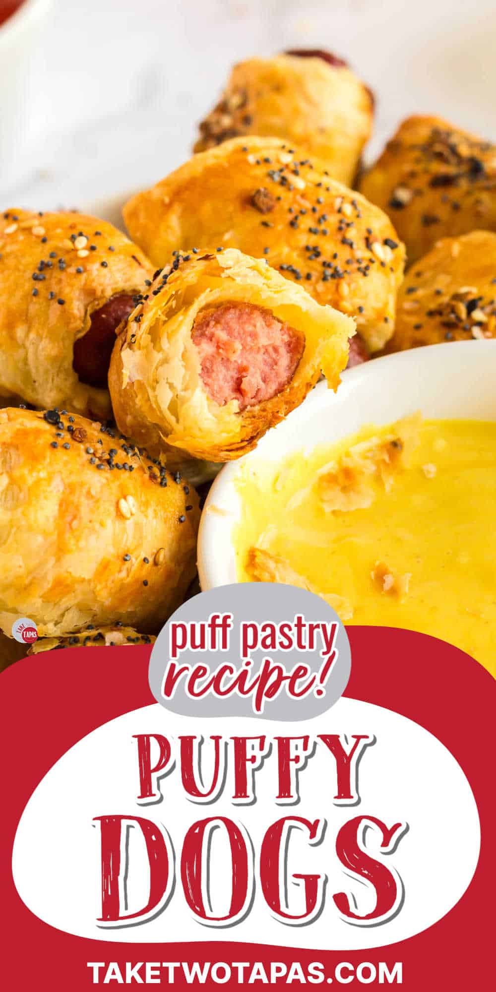 mini puff pastry dogs with text "puff pastry pigs in a blanket"