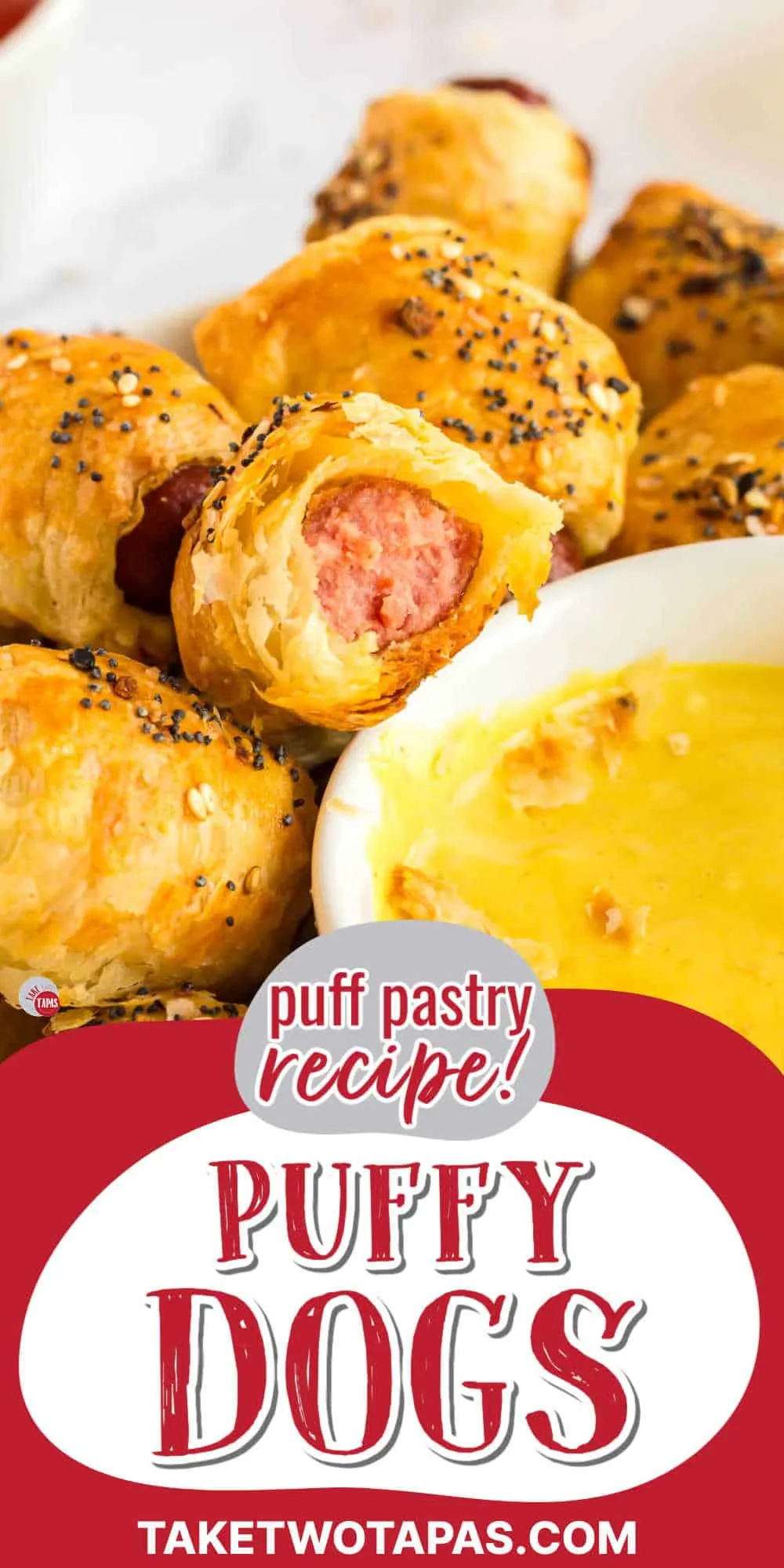 mini puff pastry dogs with text "puff pastry pigs in a blanket"