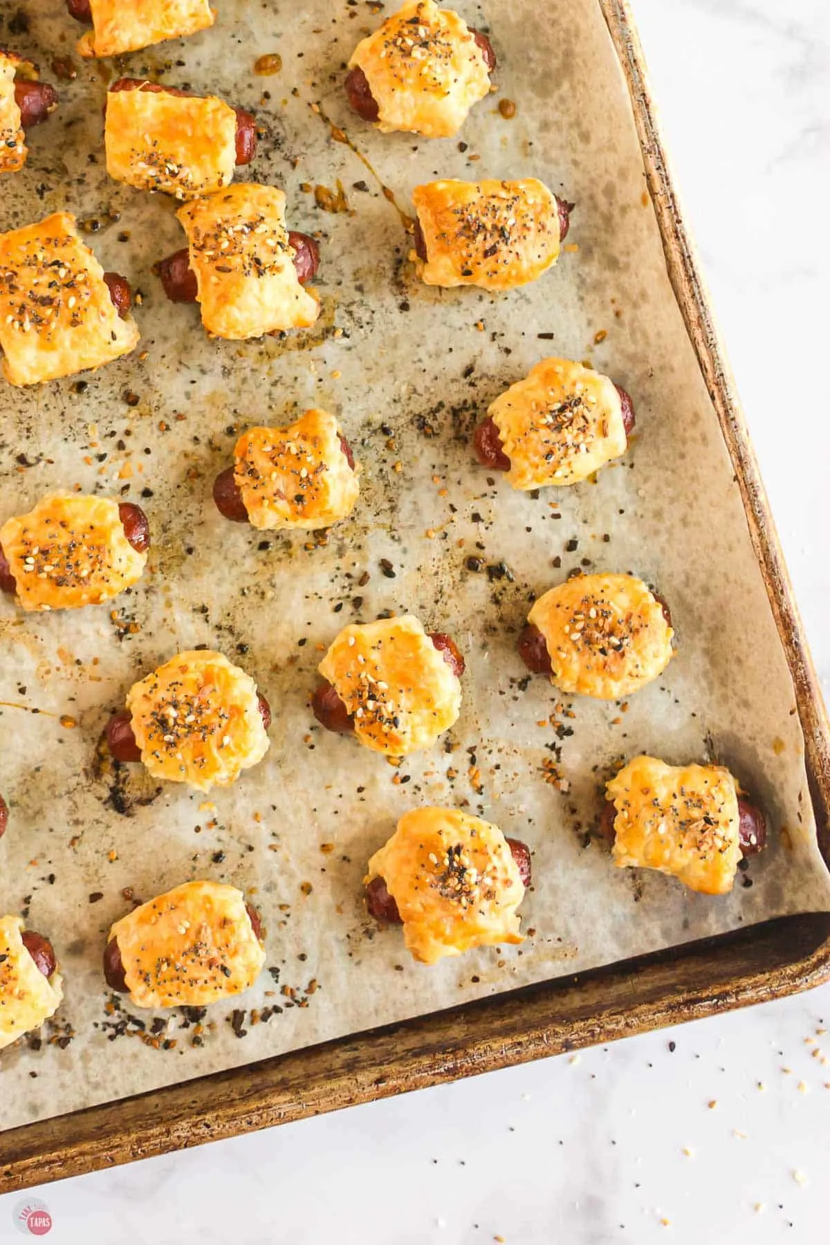 close up of baked pigs in a blanket