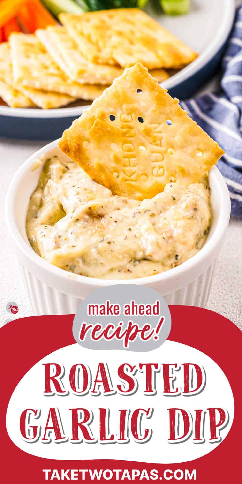 creamy dip with roasted garlic and red banner with text