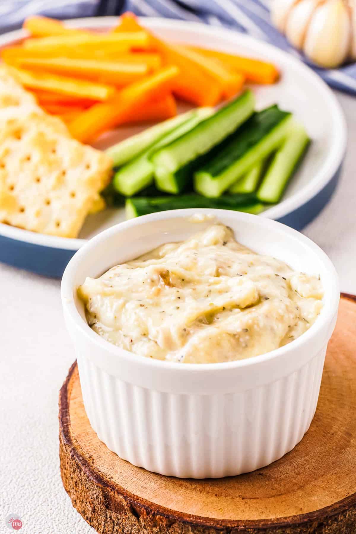 close up of bowl of garlic dip