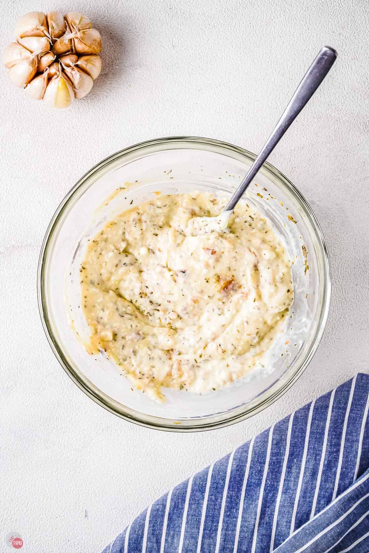 bowl of roasted garlic dip