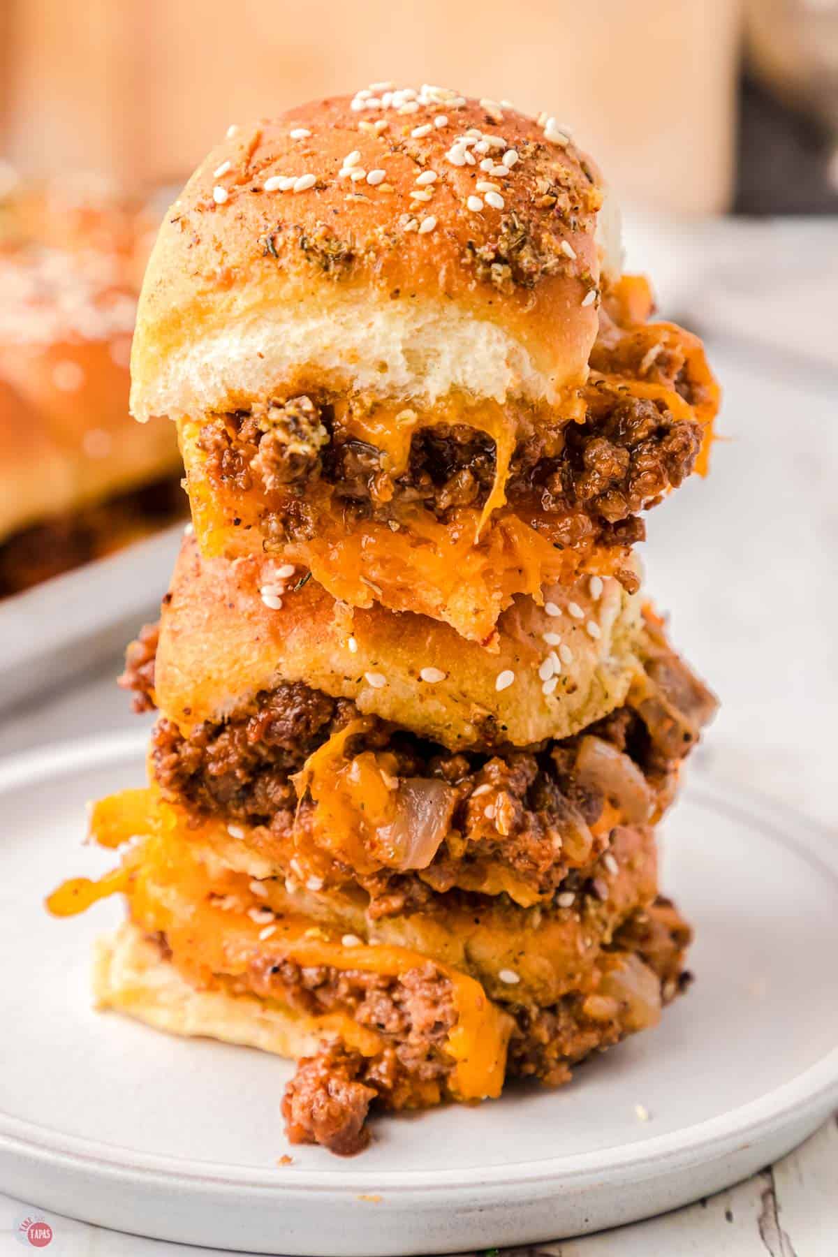 stack of sloppy joe sliders on a plate