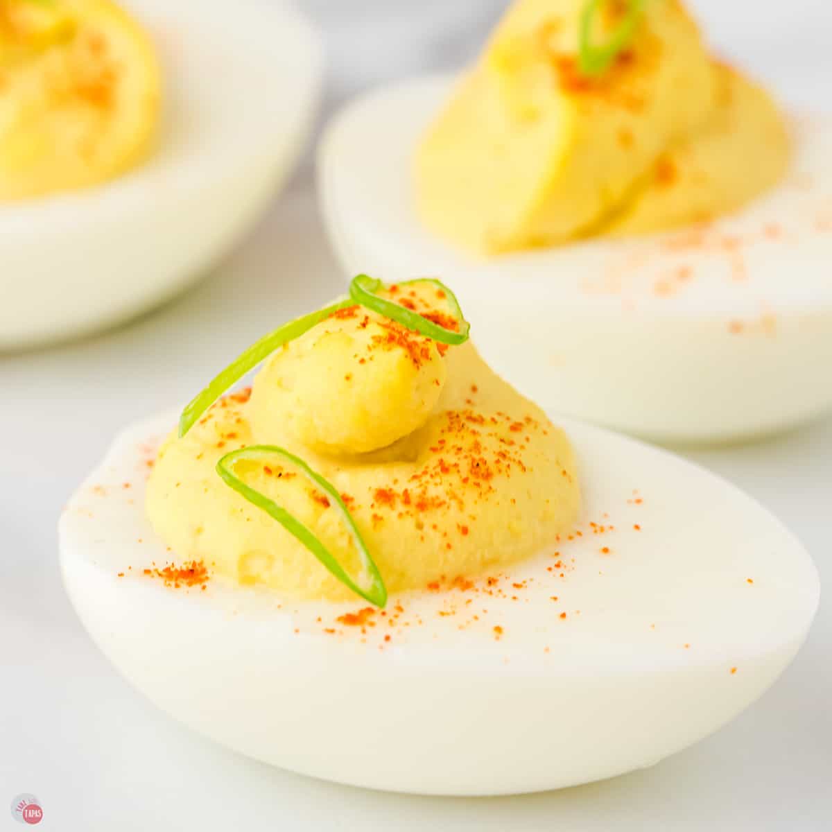 close up of deviled eggs on a plate