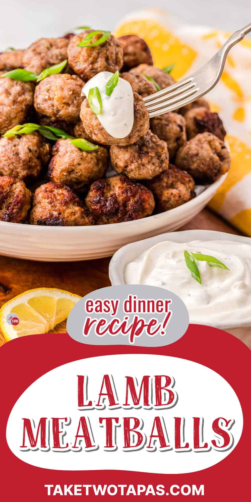 lamb meatballs and a red banner with text