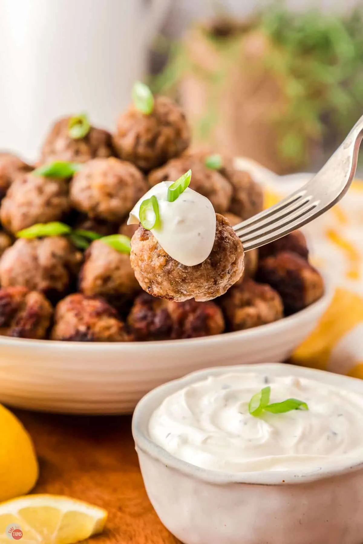 plate of meatballs with tzatziki sauce
