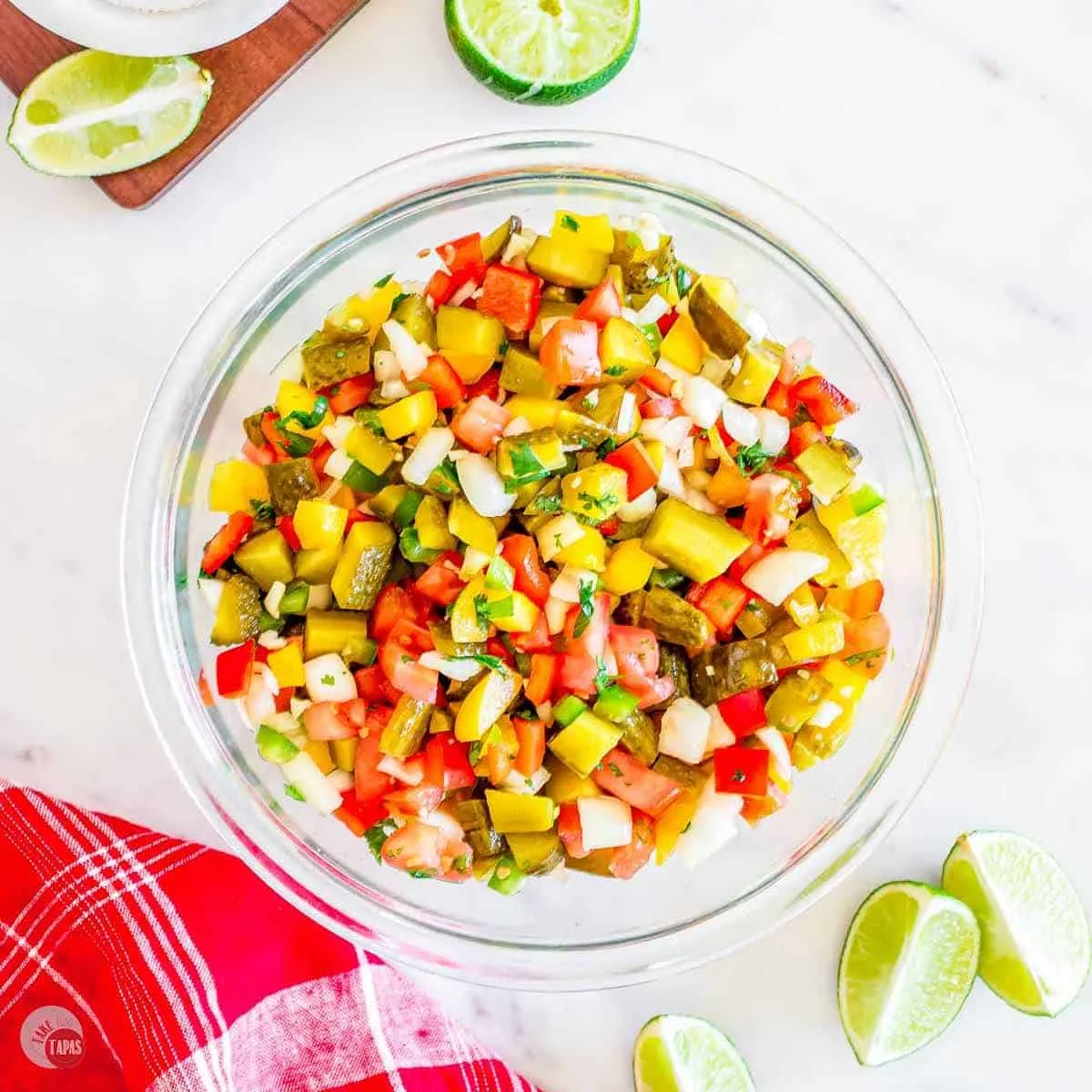 pickle de gallo in a clear bowl