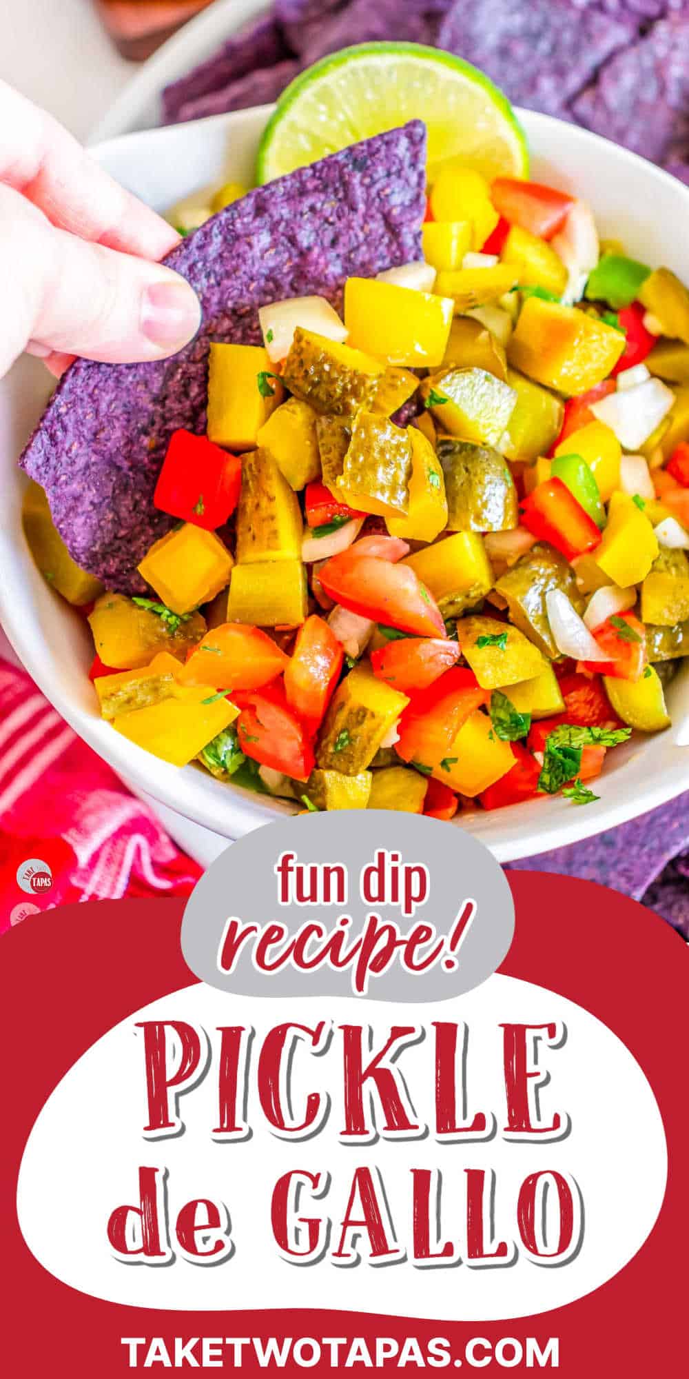 pickle de gallo recipe with red banner and red text