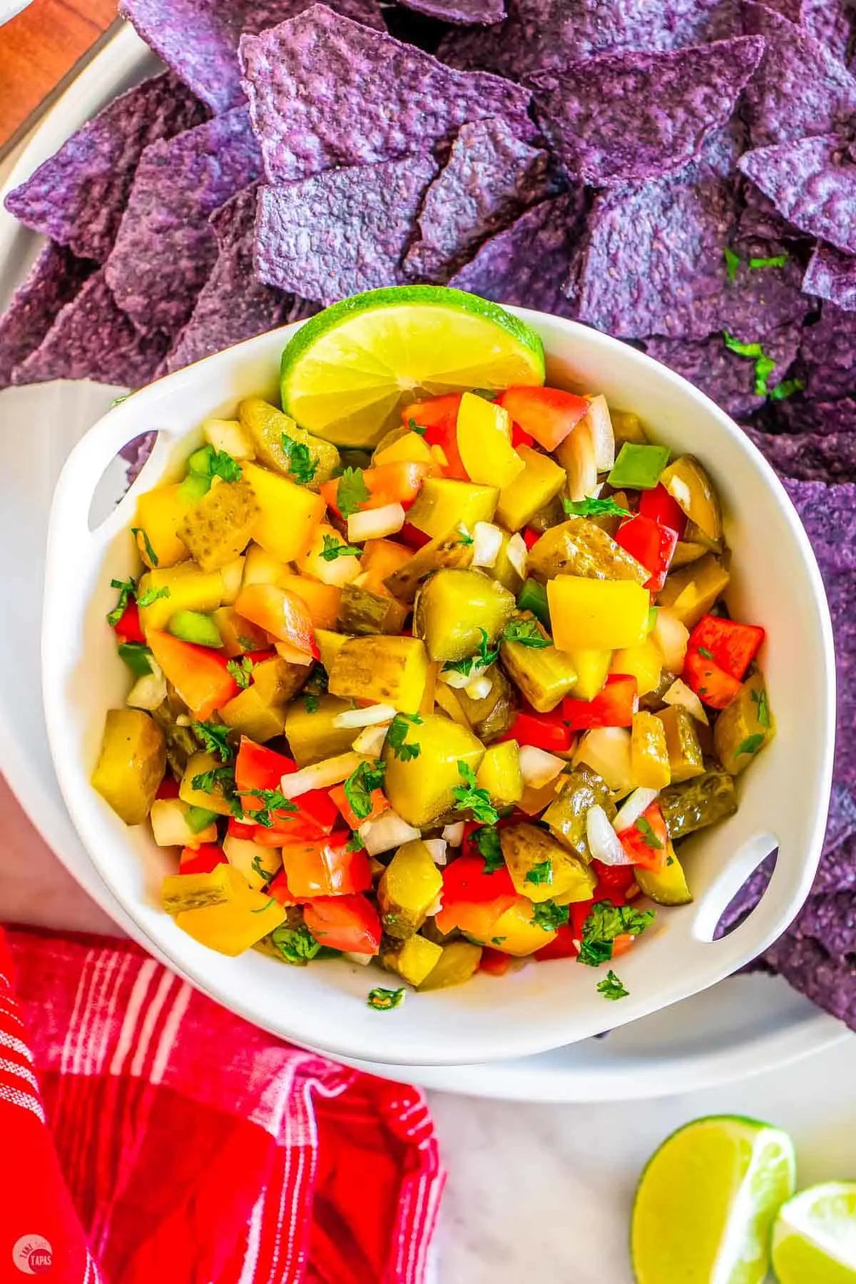 bowl of pickle de gallo with blue corn chips