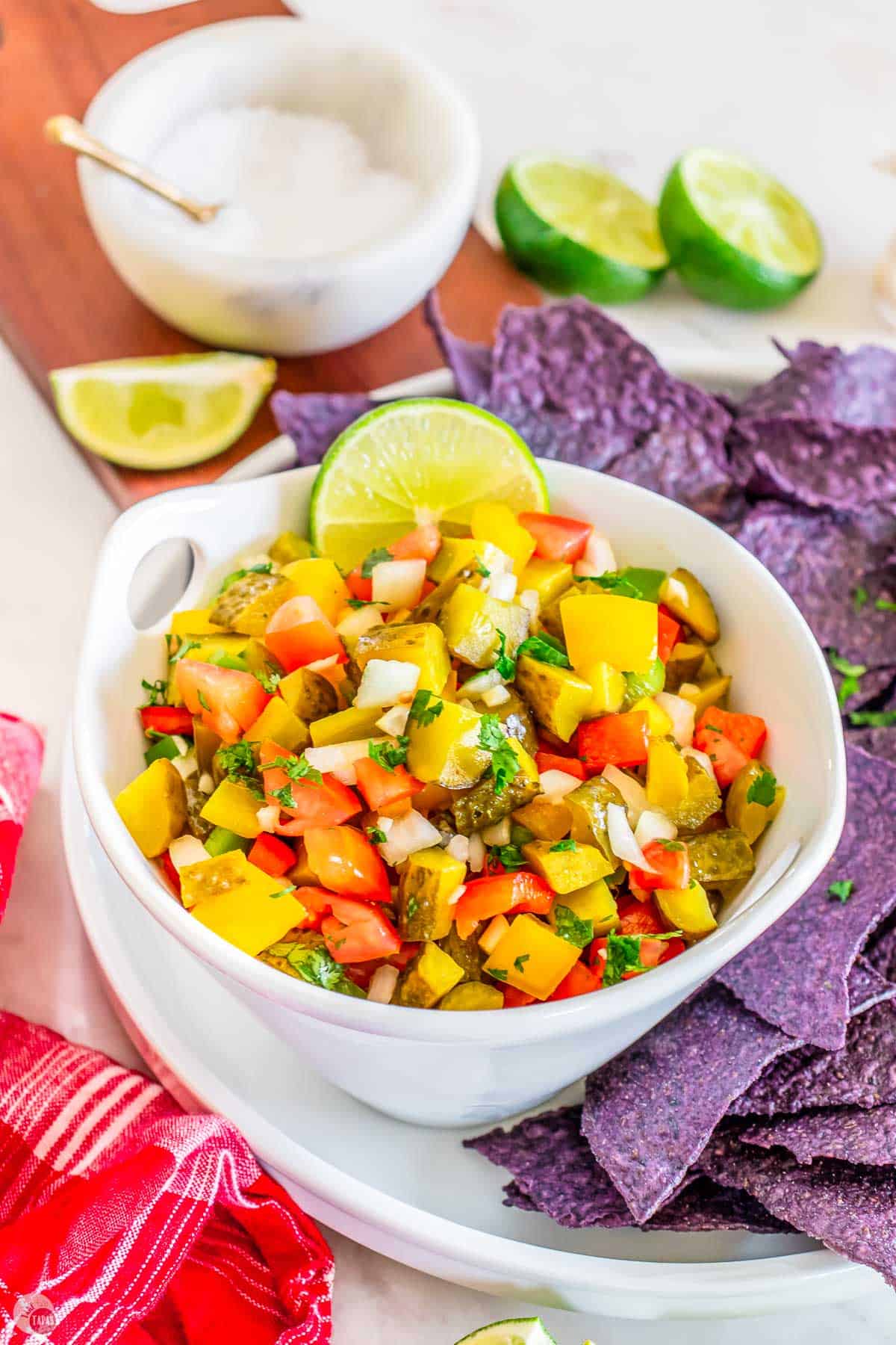 bowl of pickle de gallo and blue corn chips