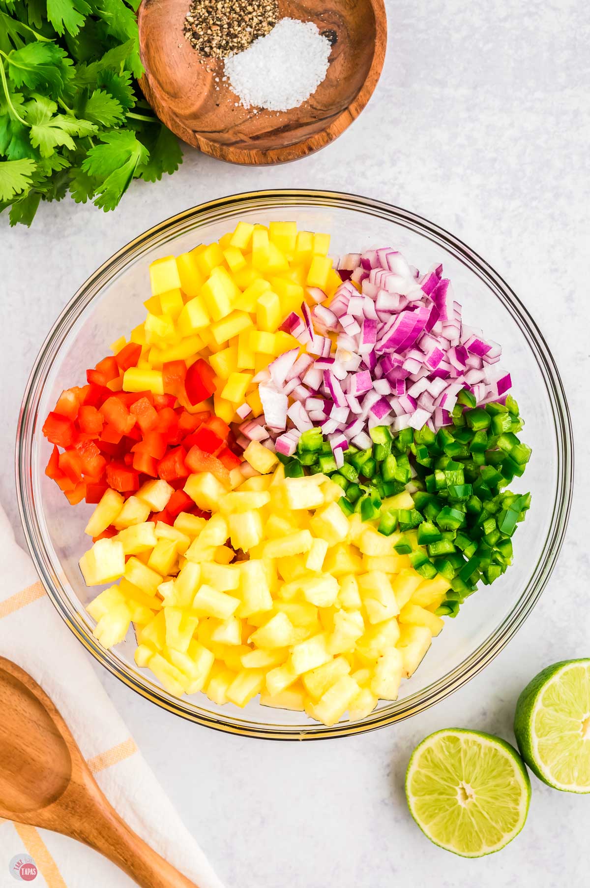 chopped ingredients in a large mixing bowl