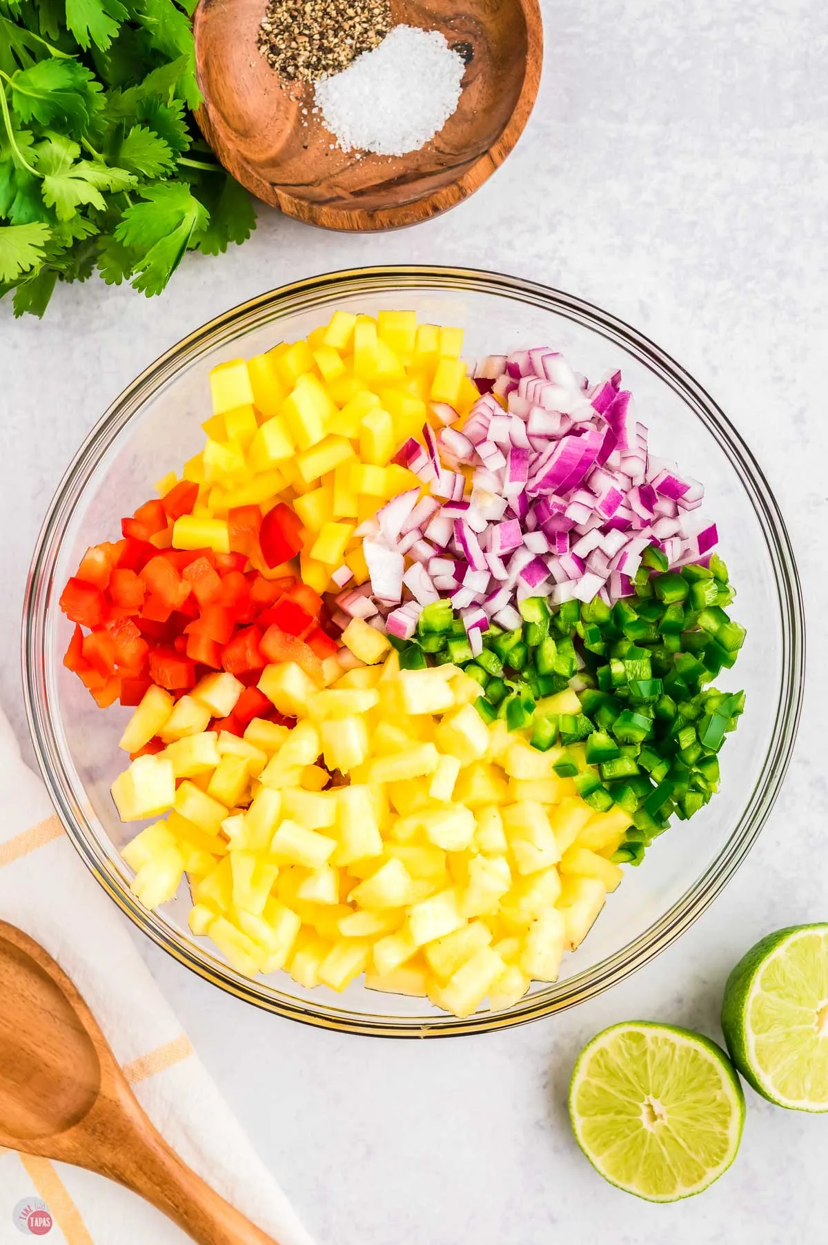 chopped ingredients in a large mixing bowl