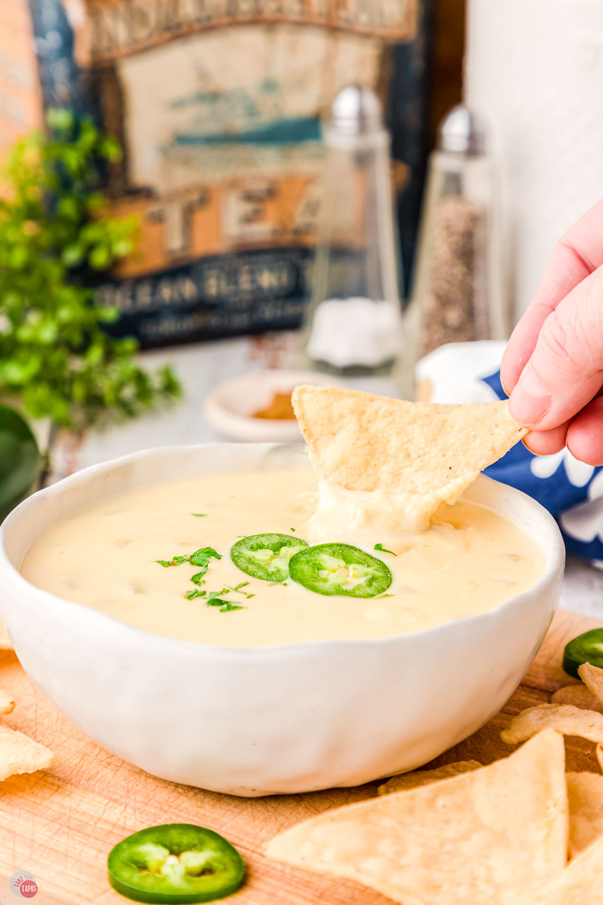 easy queso blanco recipe in a bowl with a tortilla chip