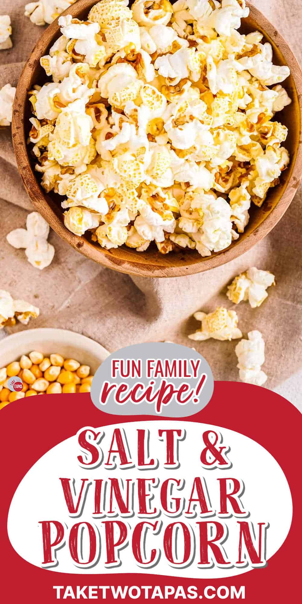 salt and vinegar popcorn with a red banner and text