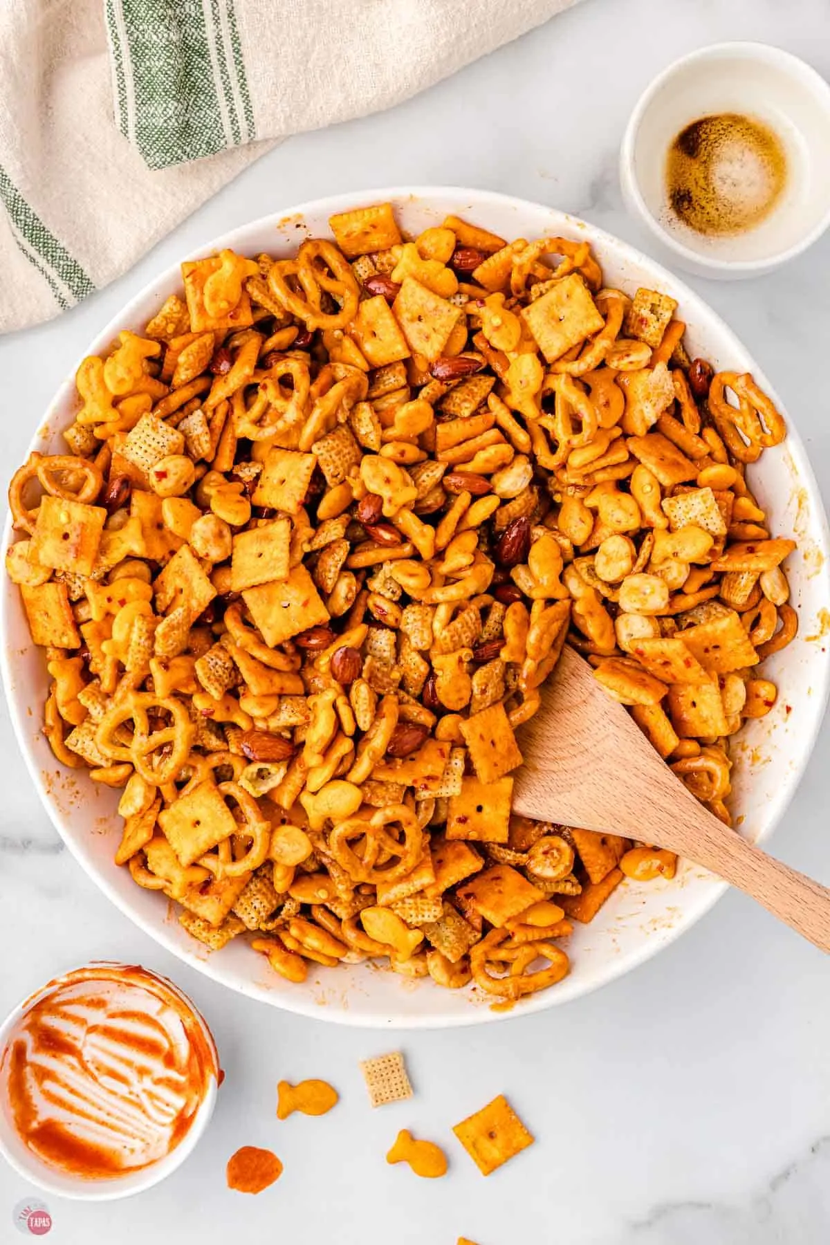 spicy chex mix in a large mixing bowl