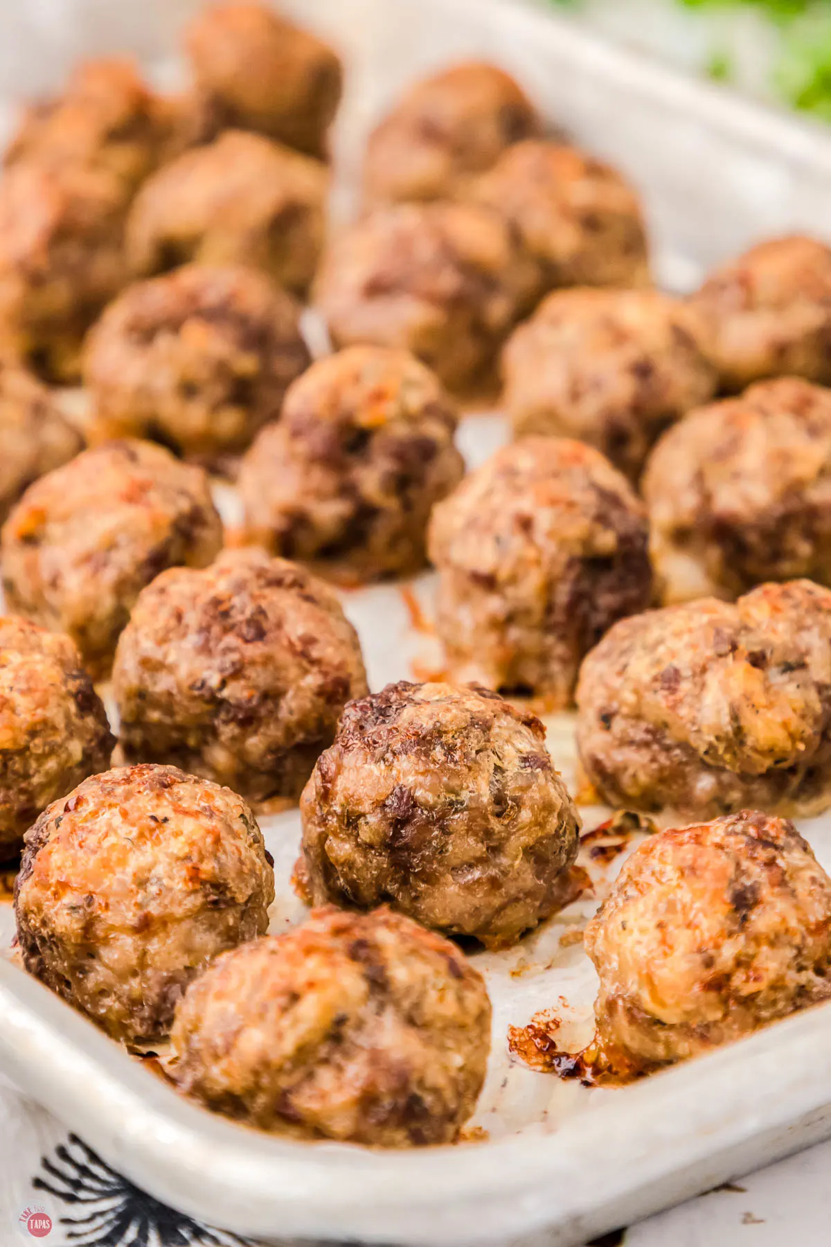 close up of baked meatballs