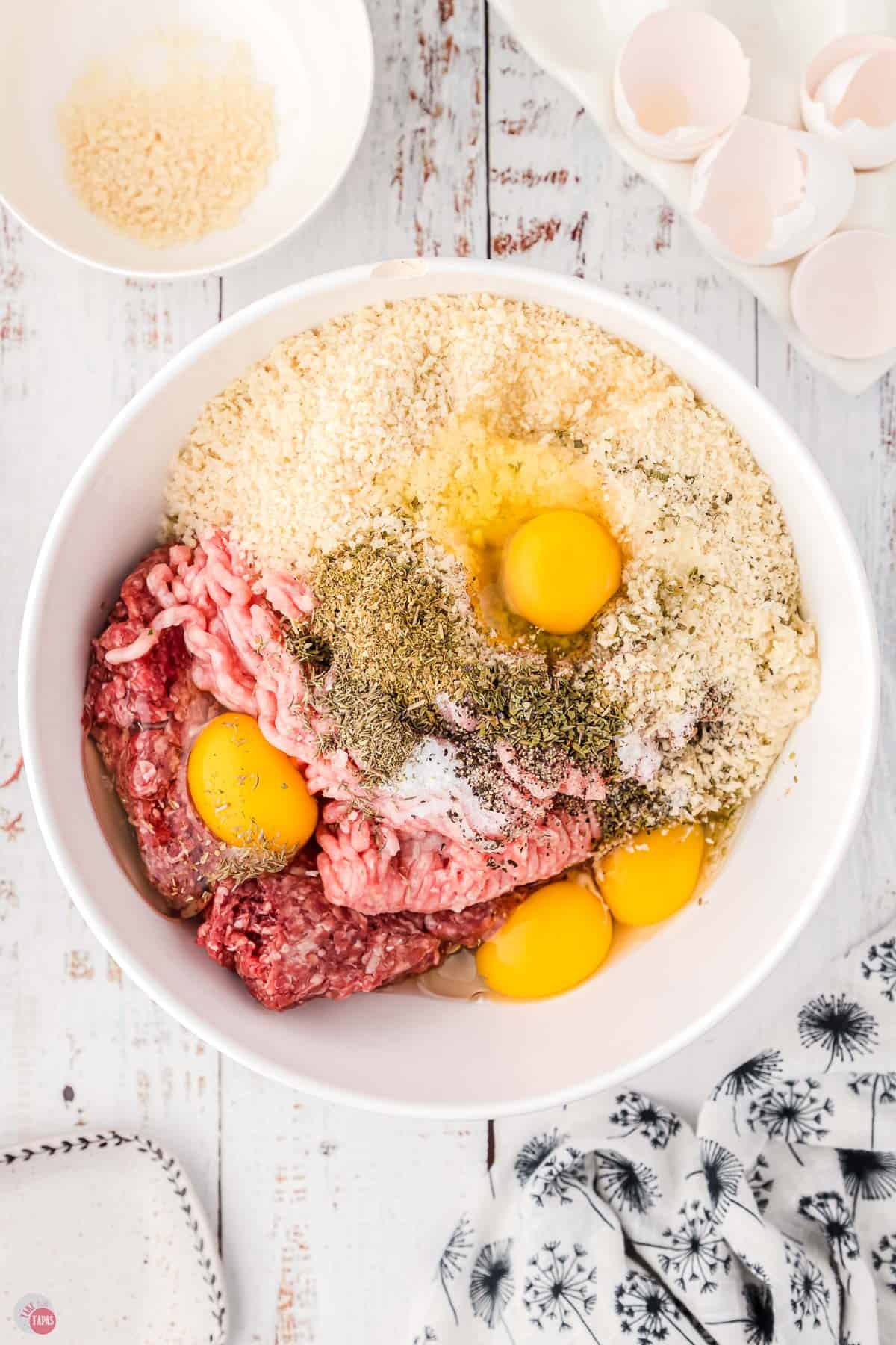 ground meats and breadcrumbs in a bowl