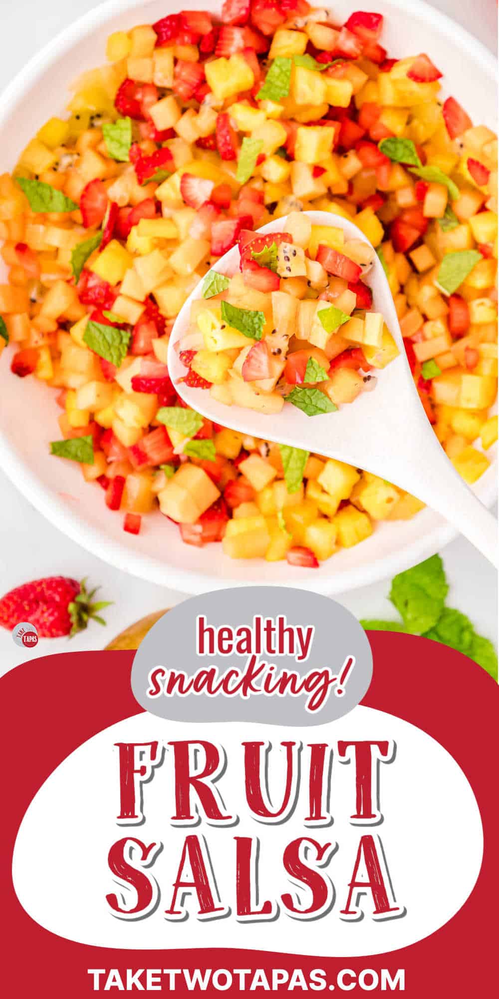 spoon of fruit salsa with red banner and text