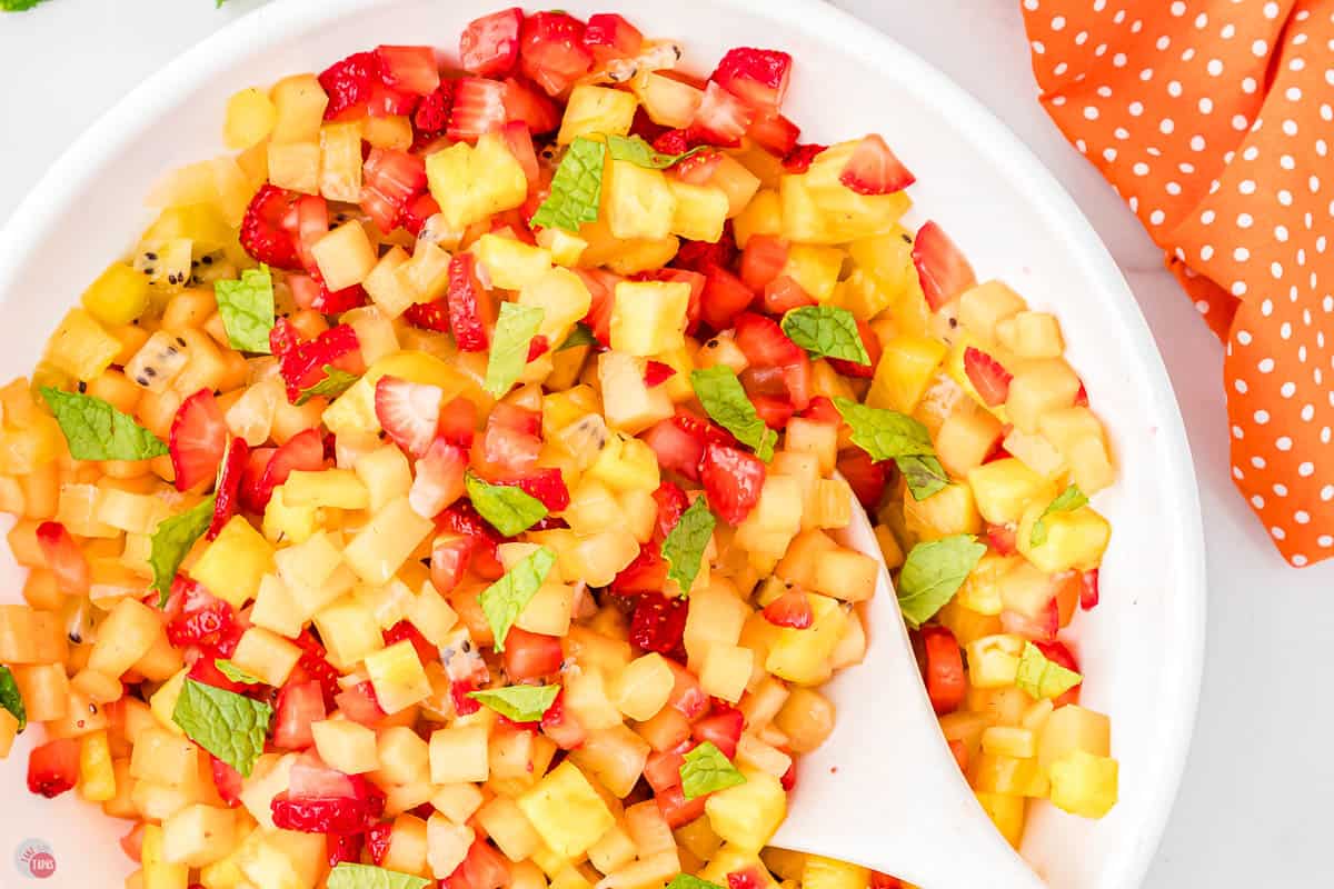 fruit salsa in a white bowl