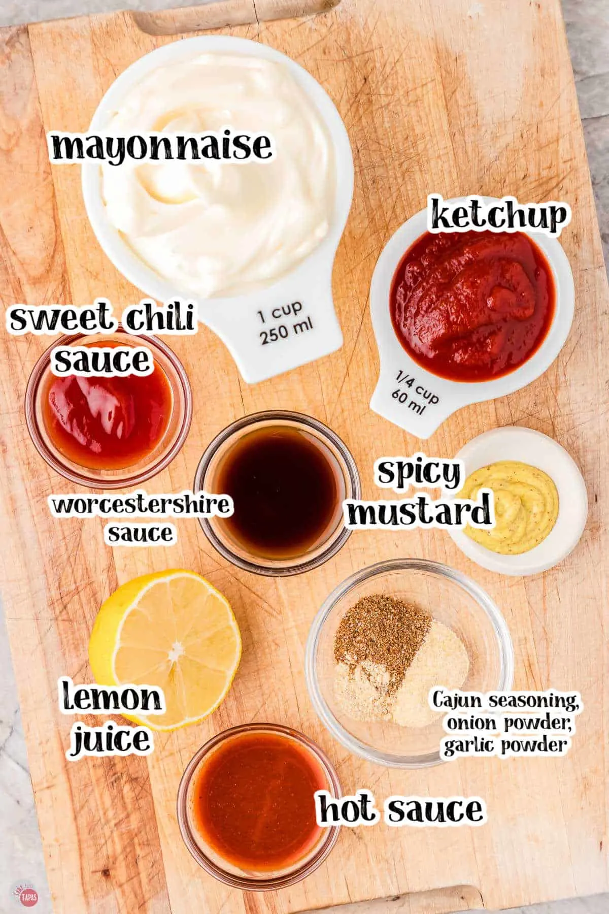 basic ingredients like a cup mayonnaise, cup ketchup, teaspoon garlic powder