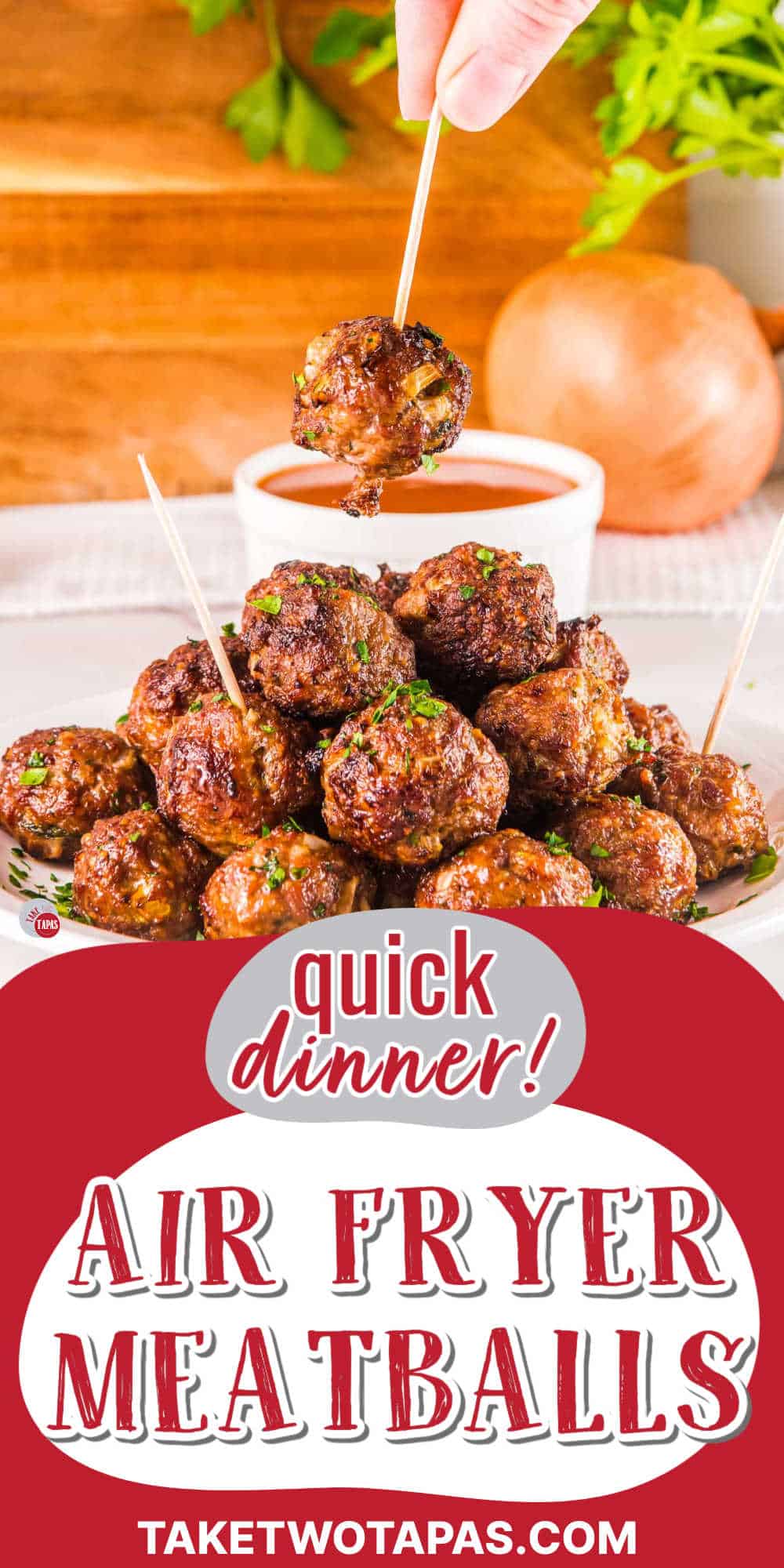 meatballs on a plate with red banner with text