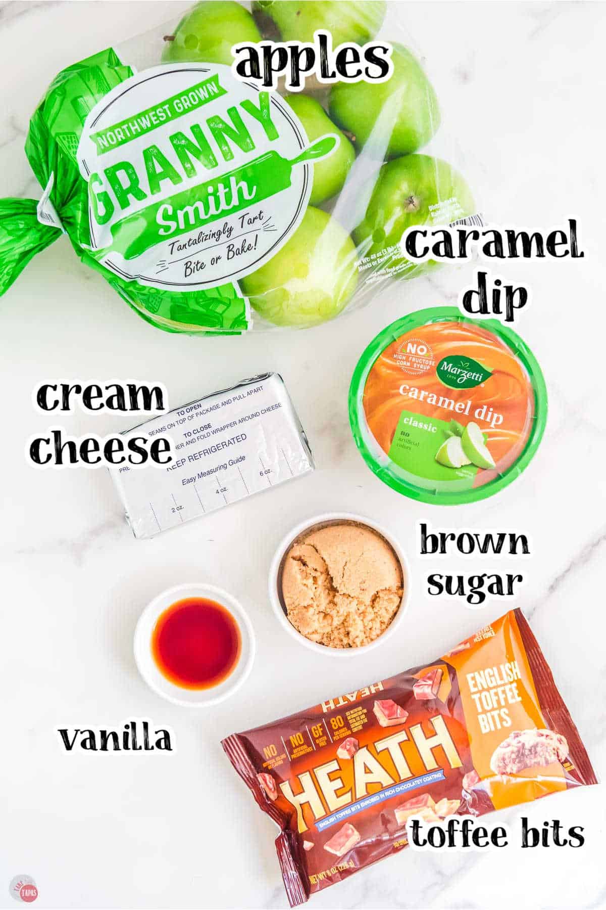 simple ingredients for creamy caramel dip on a marble backdrop