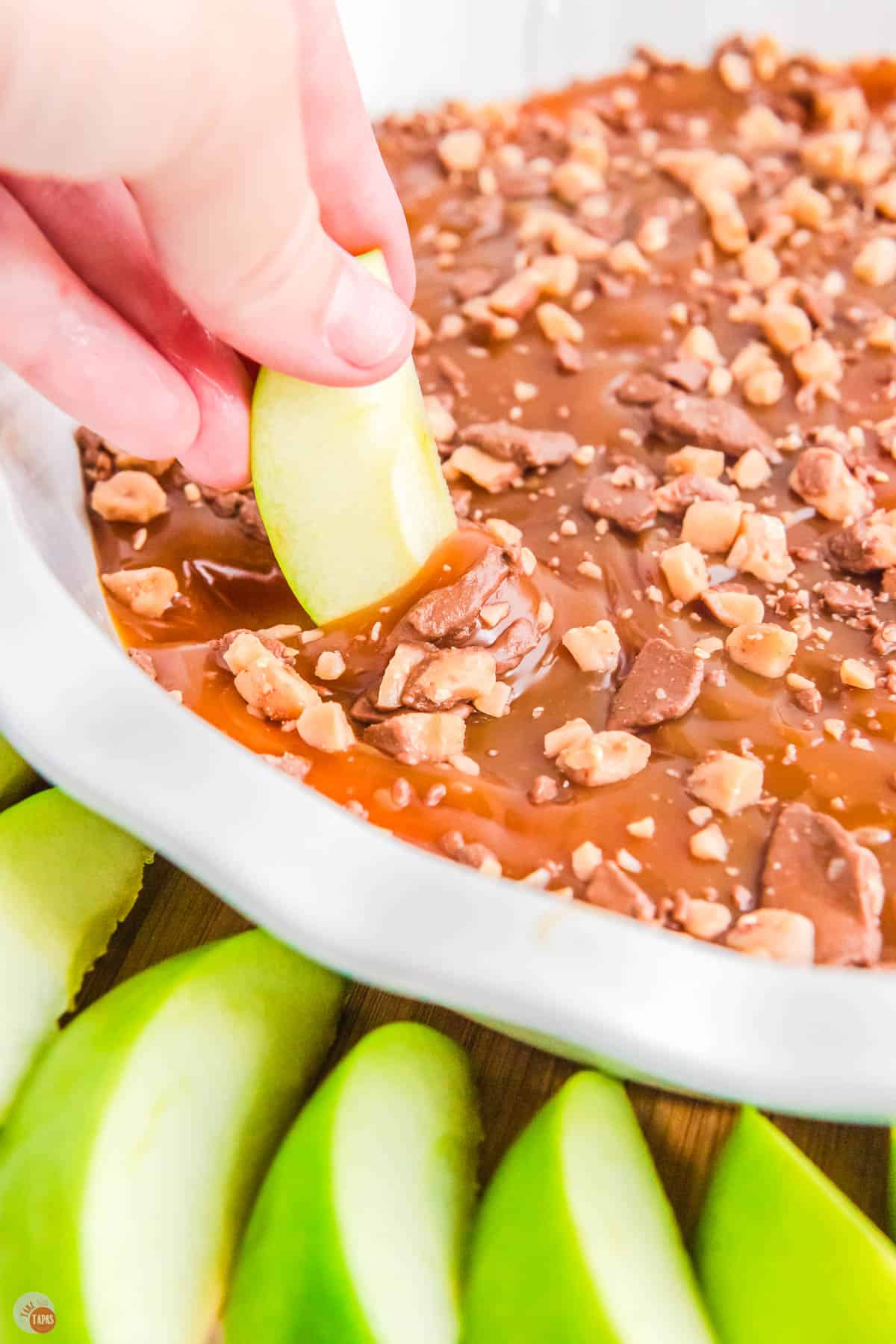 caramel cream cheese apple dip with sliced granny smith apples