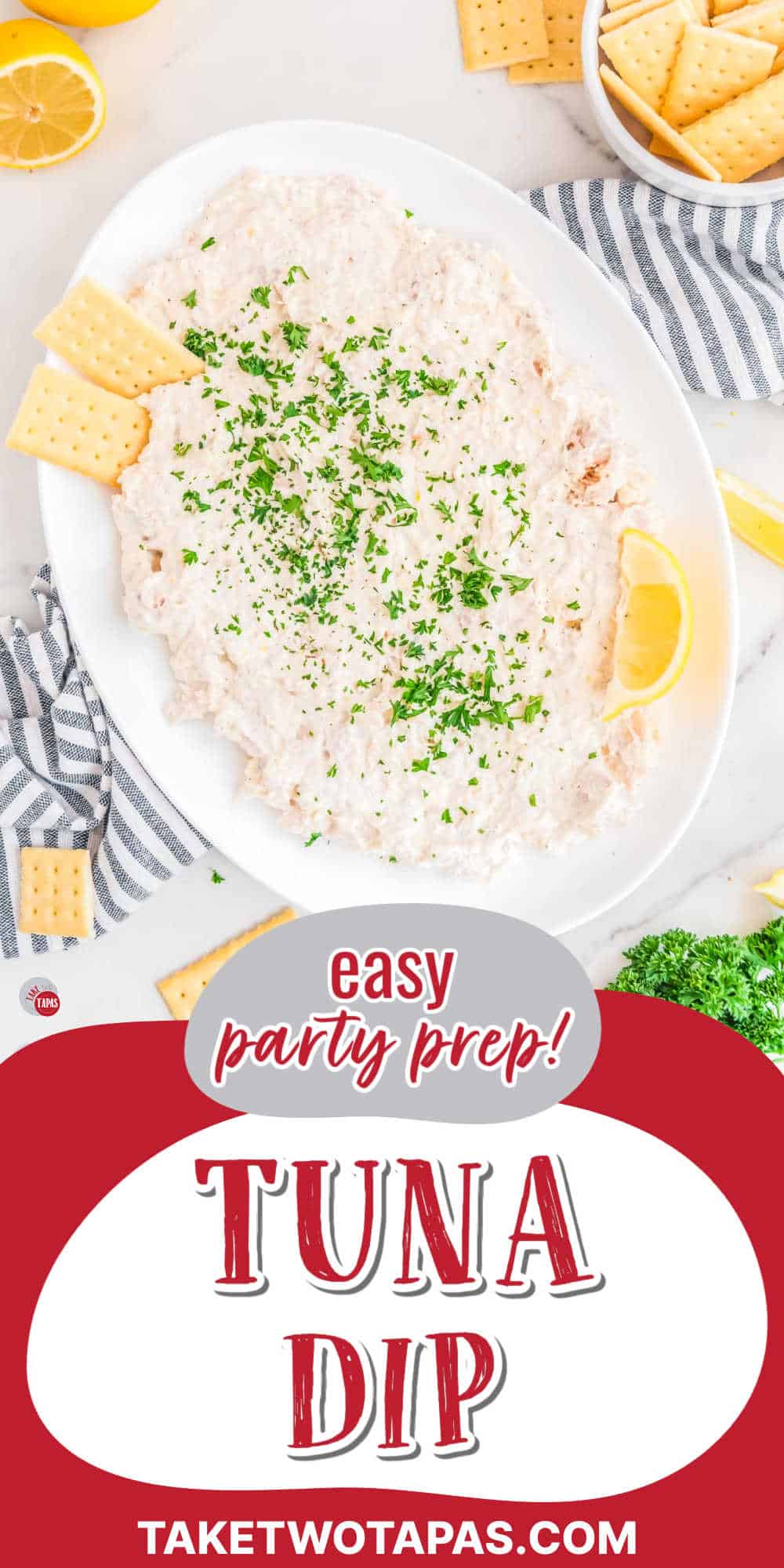 cold tuna dip on a plate with red banner and text