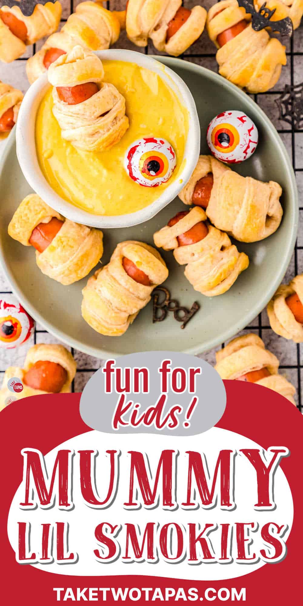bowl of halloween appetizers with red banner and text