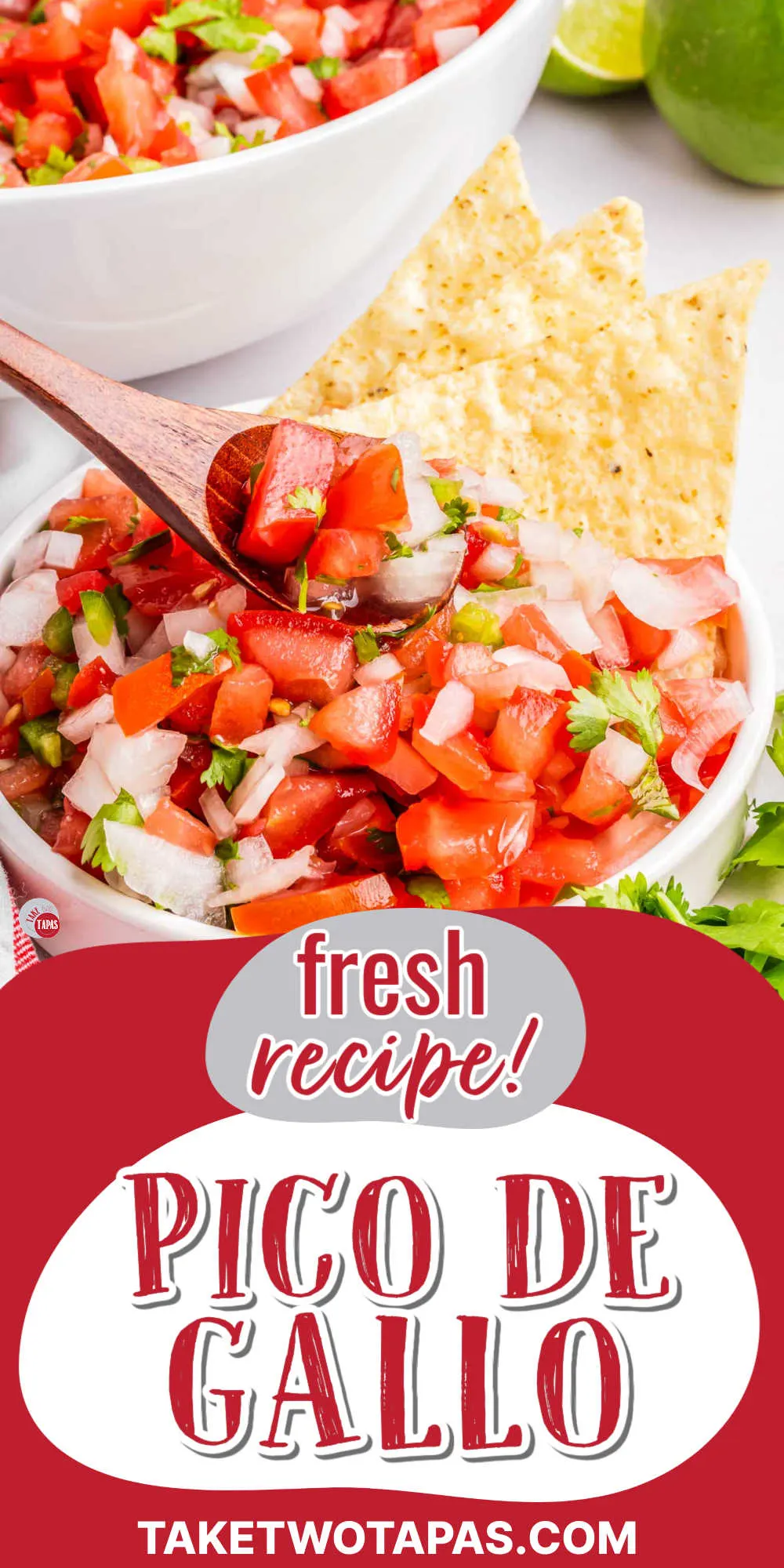 spoon of pico de gallo with a red banner and text