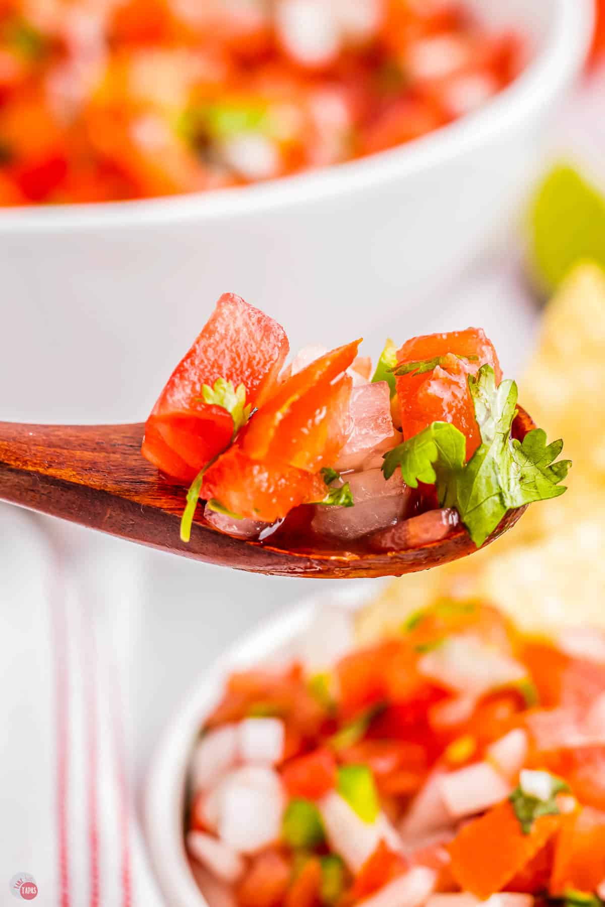 wood spoon with scoop of pico de gallo