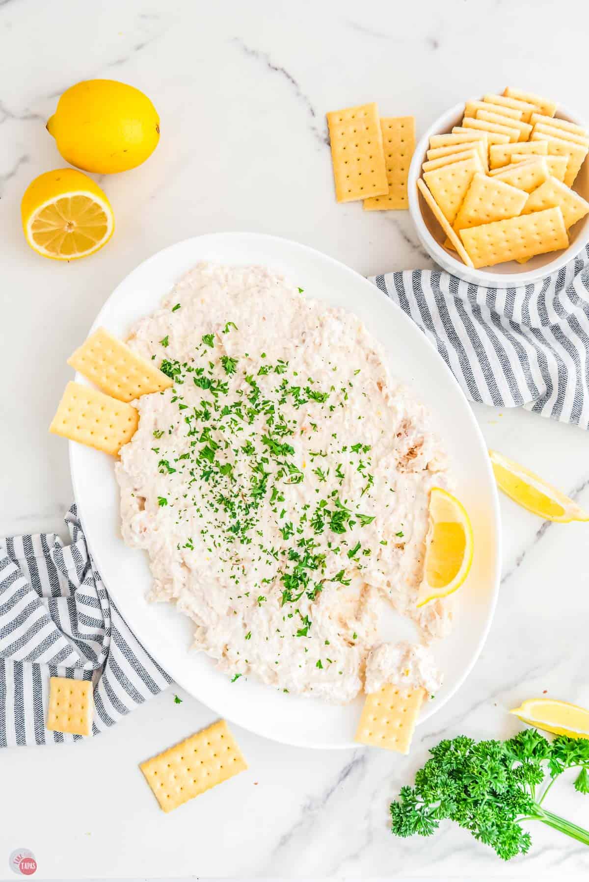 tuna dip on a white plate with crackers